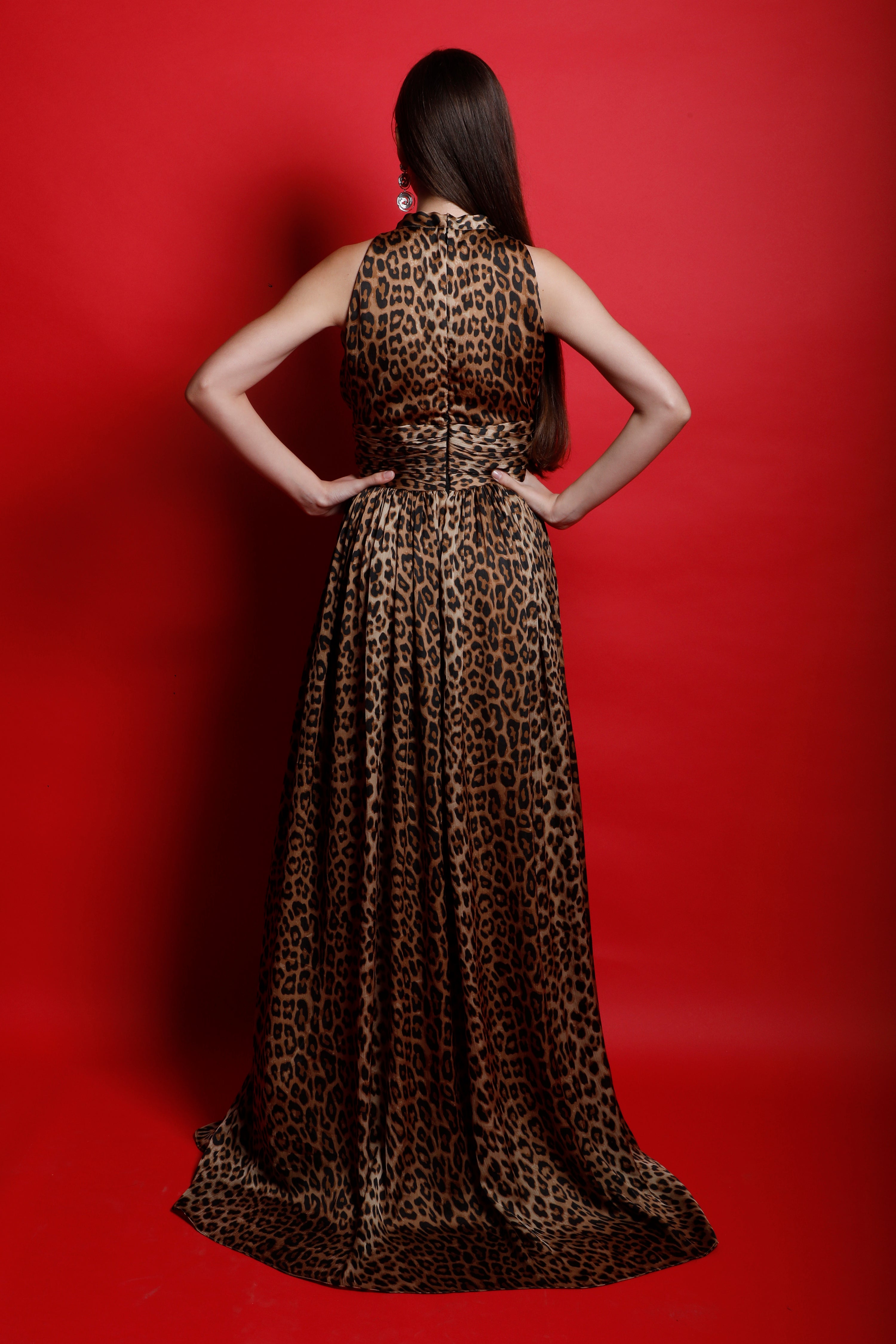 Leopard Print Scarf Collar Maxi