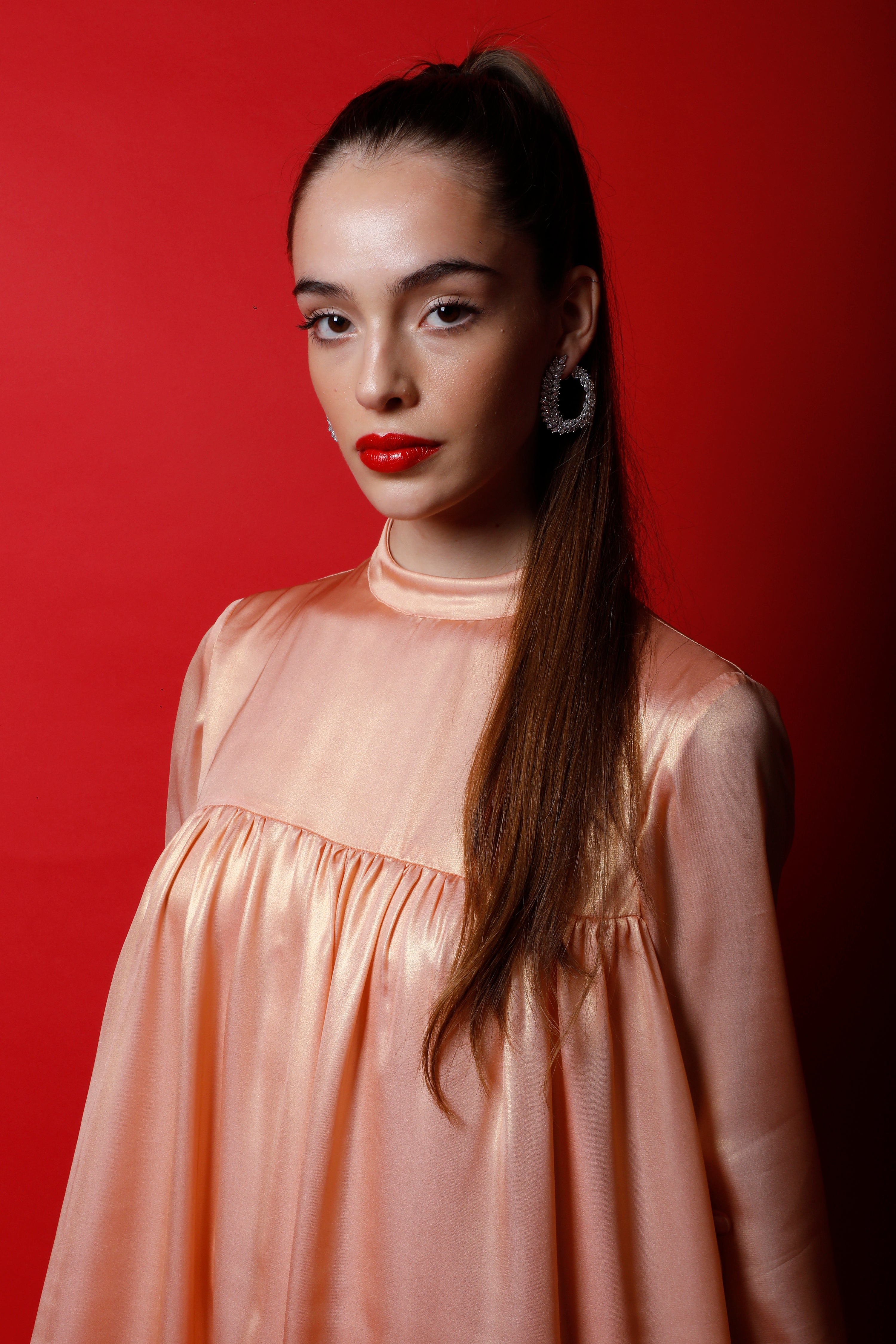 Band Collar Puff Sleeves Flared Dress