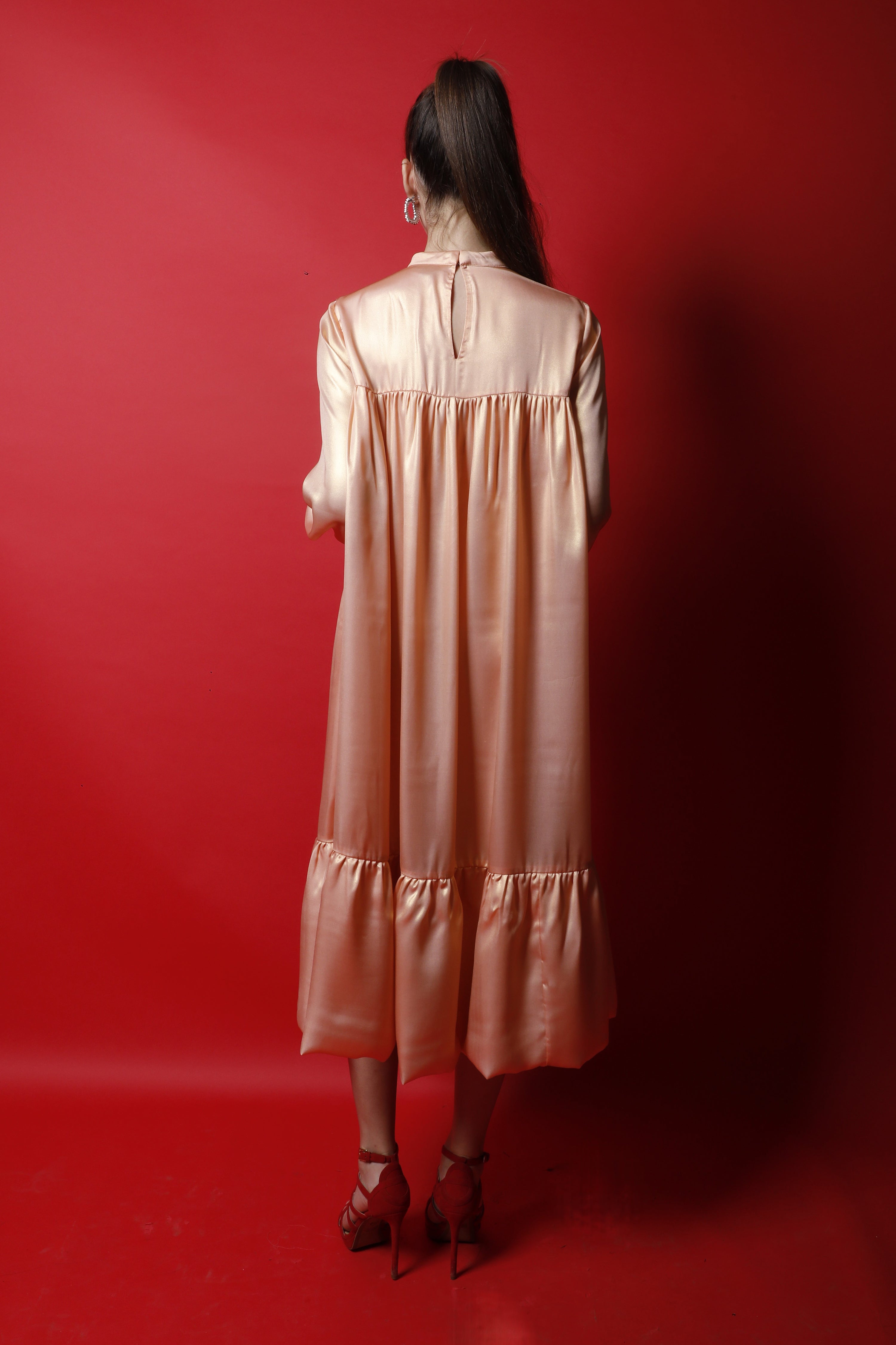 Band Collar Puff Sleeves Flared Dress