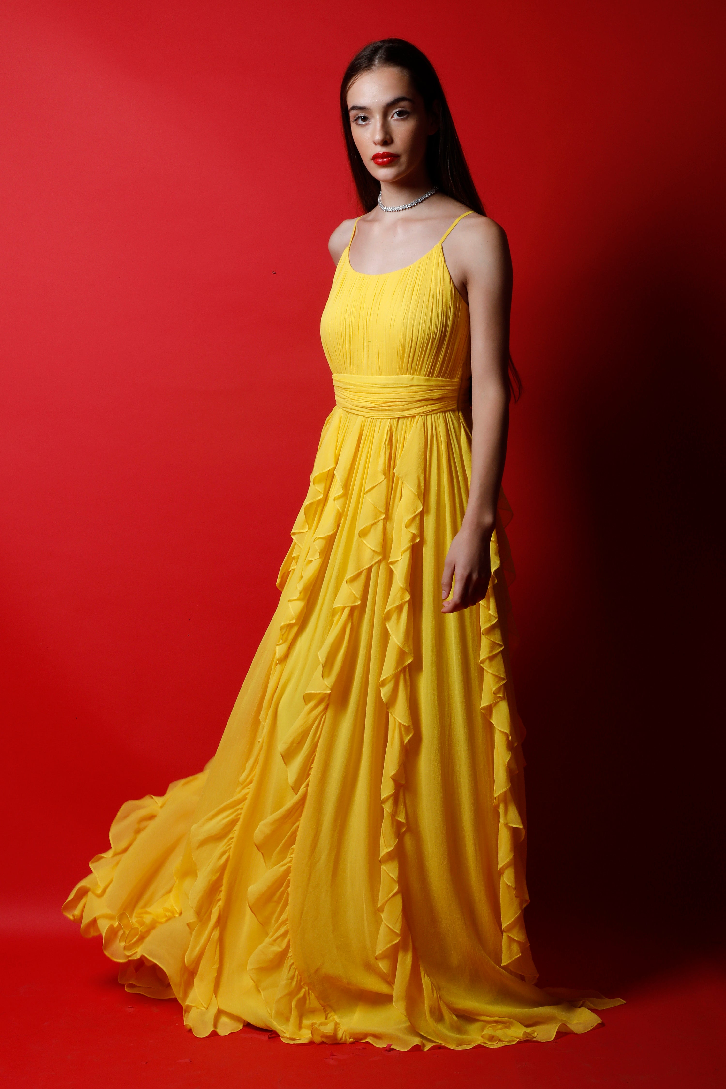 Strappy Ruched Maxi Gown with Ruffles