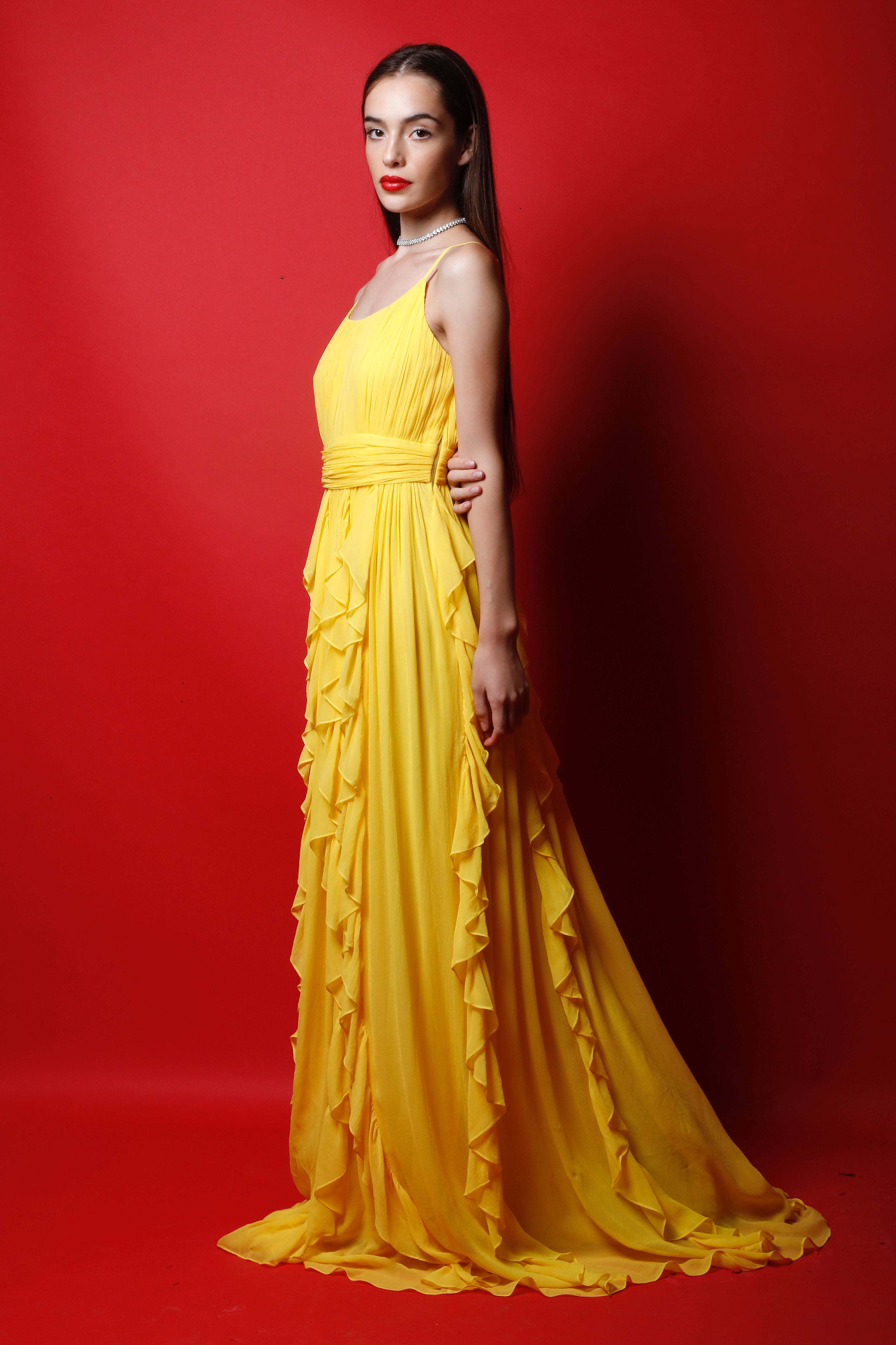 Strappy Ruched Maxi Gown with Ruffles