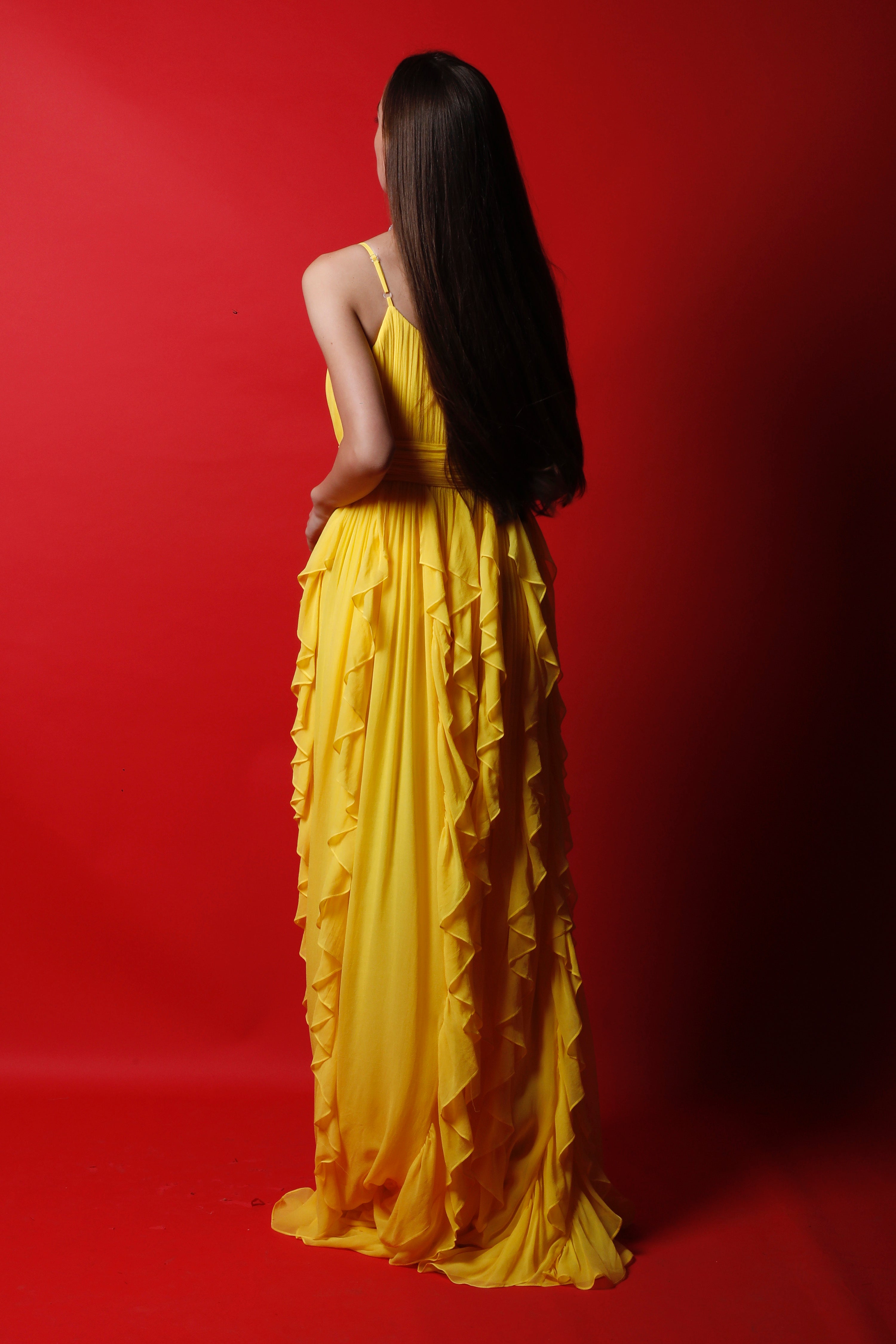 Strappy Ruched Maxi Gown with Ruffles