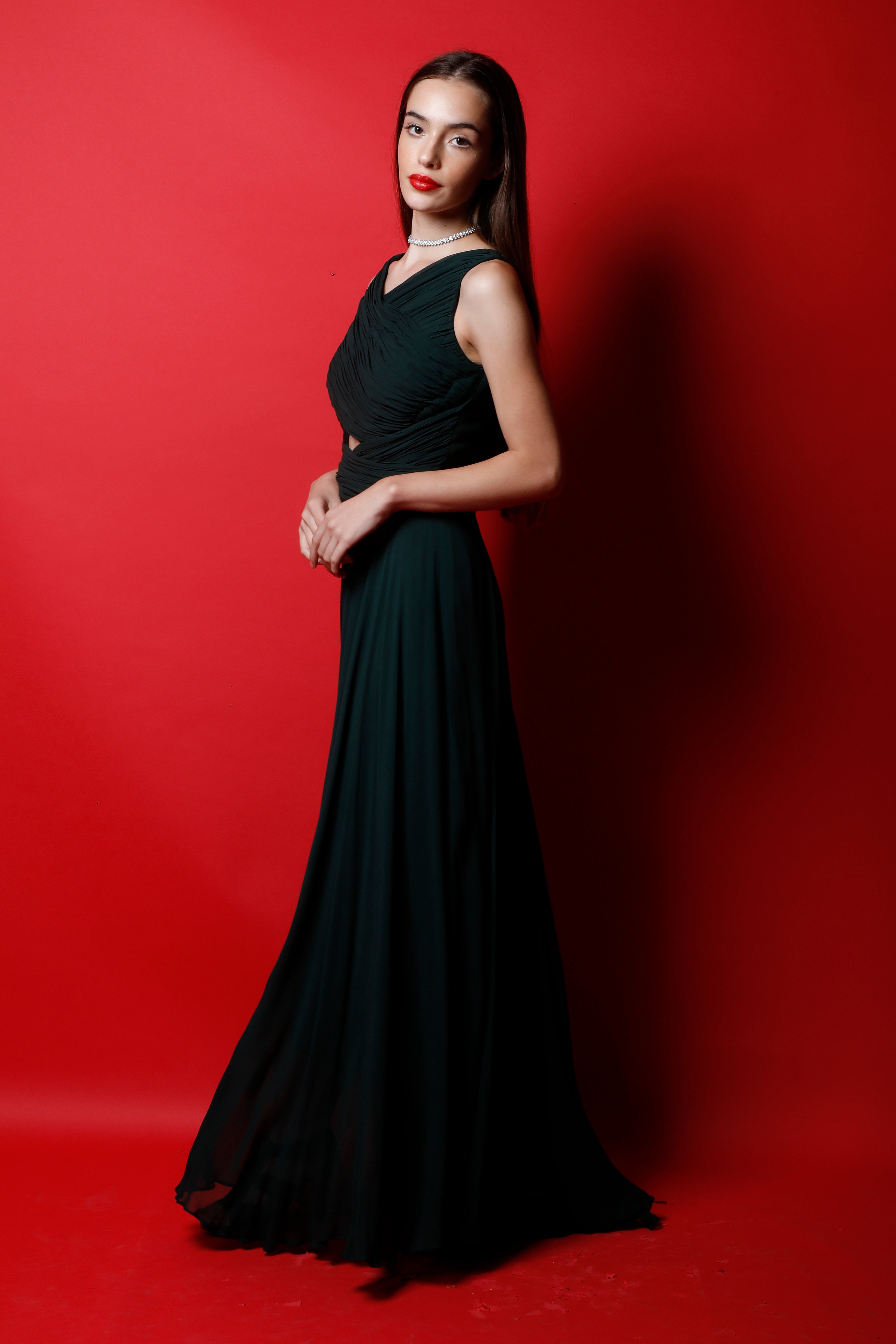 V Neck Criss Cross Ruched Asymmetric Maxi Dress