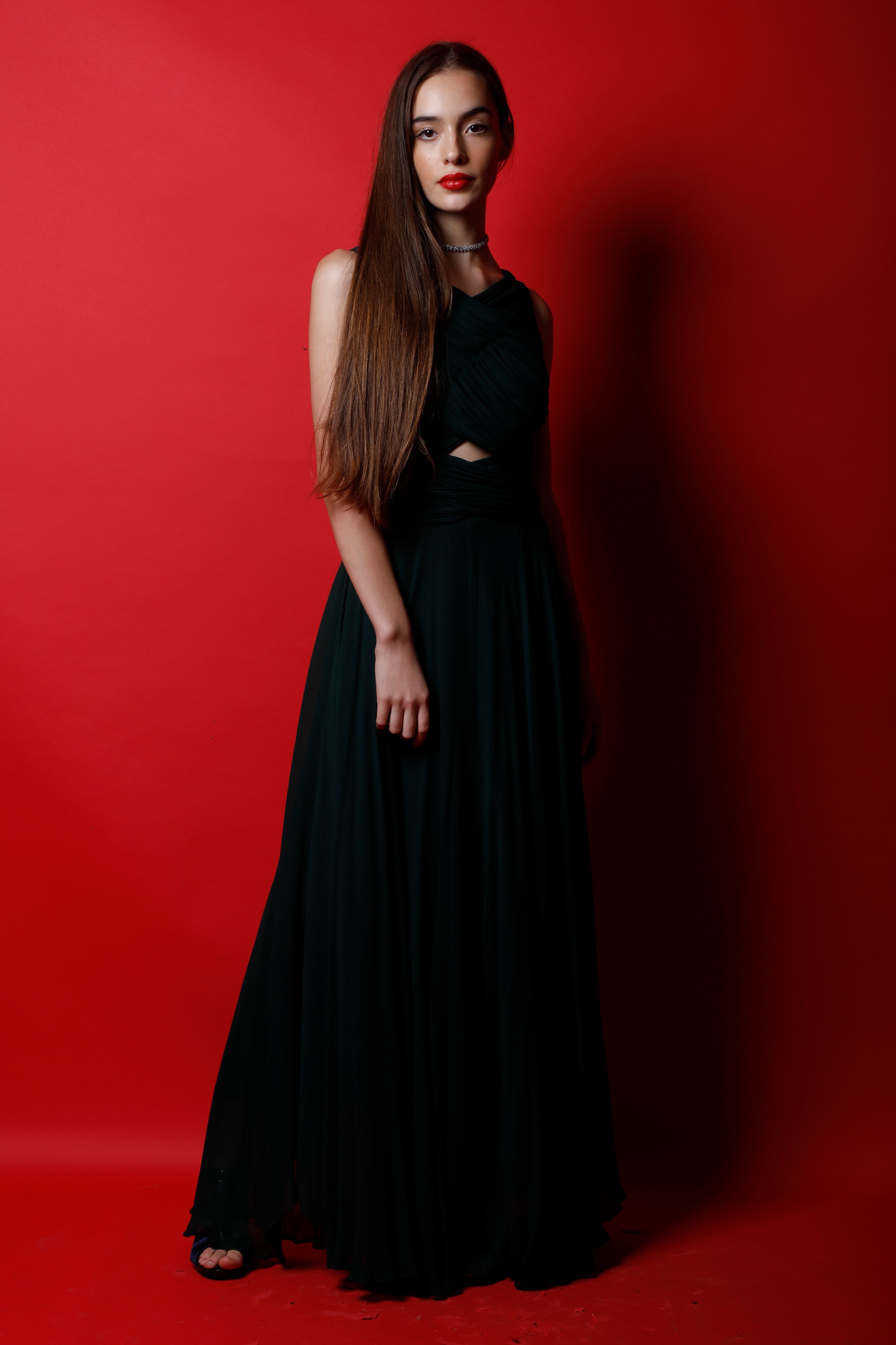 V Neck Criss Cross Ruched Asymmetric Maxi Dress