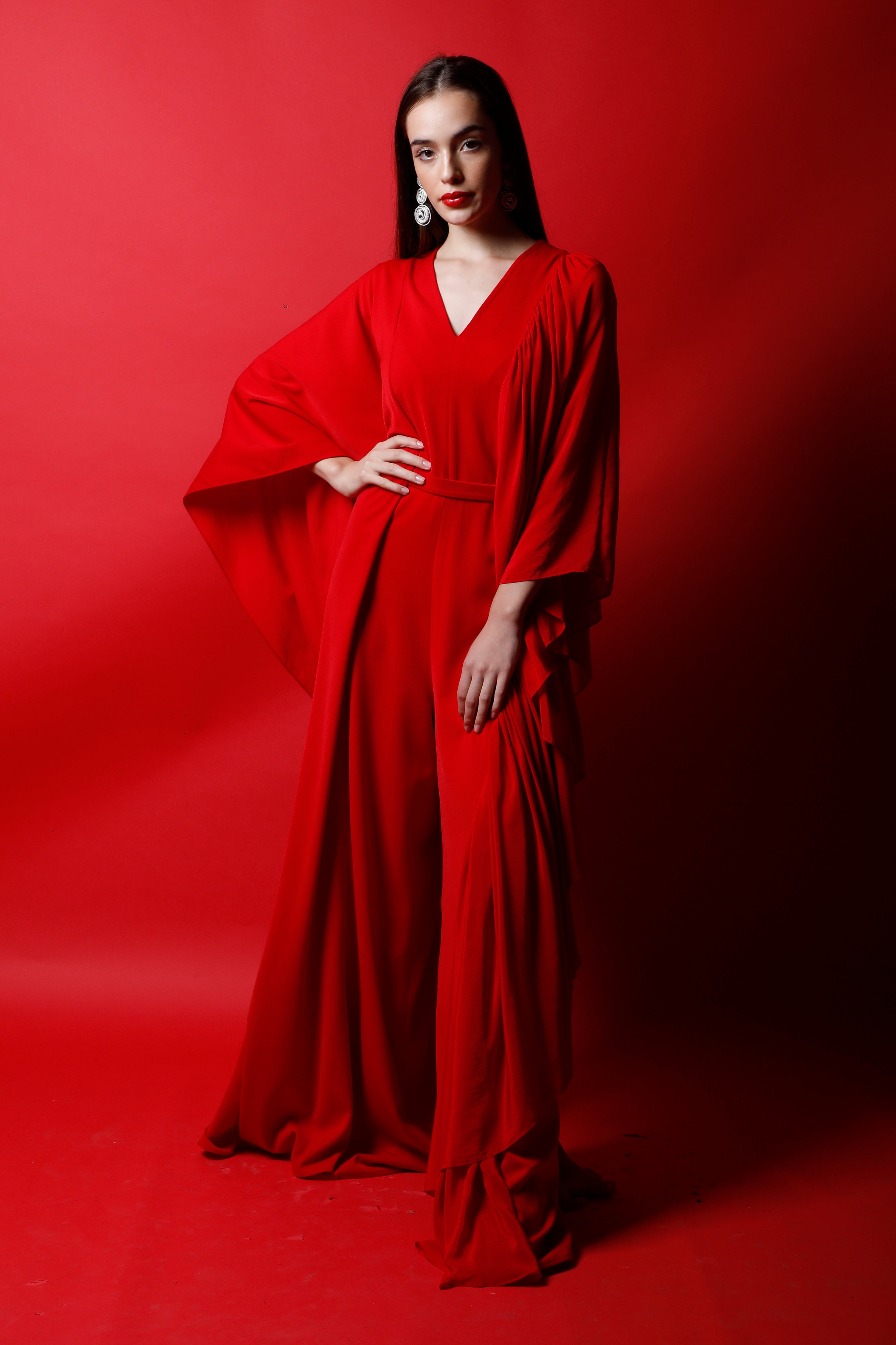 V Neck Jumpsuit with Flag Drapes