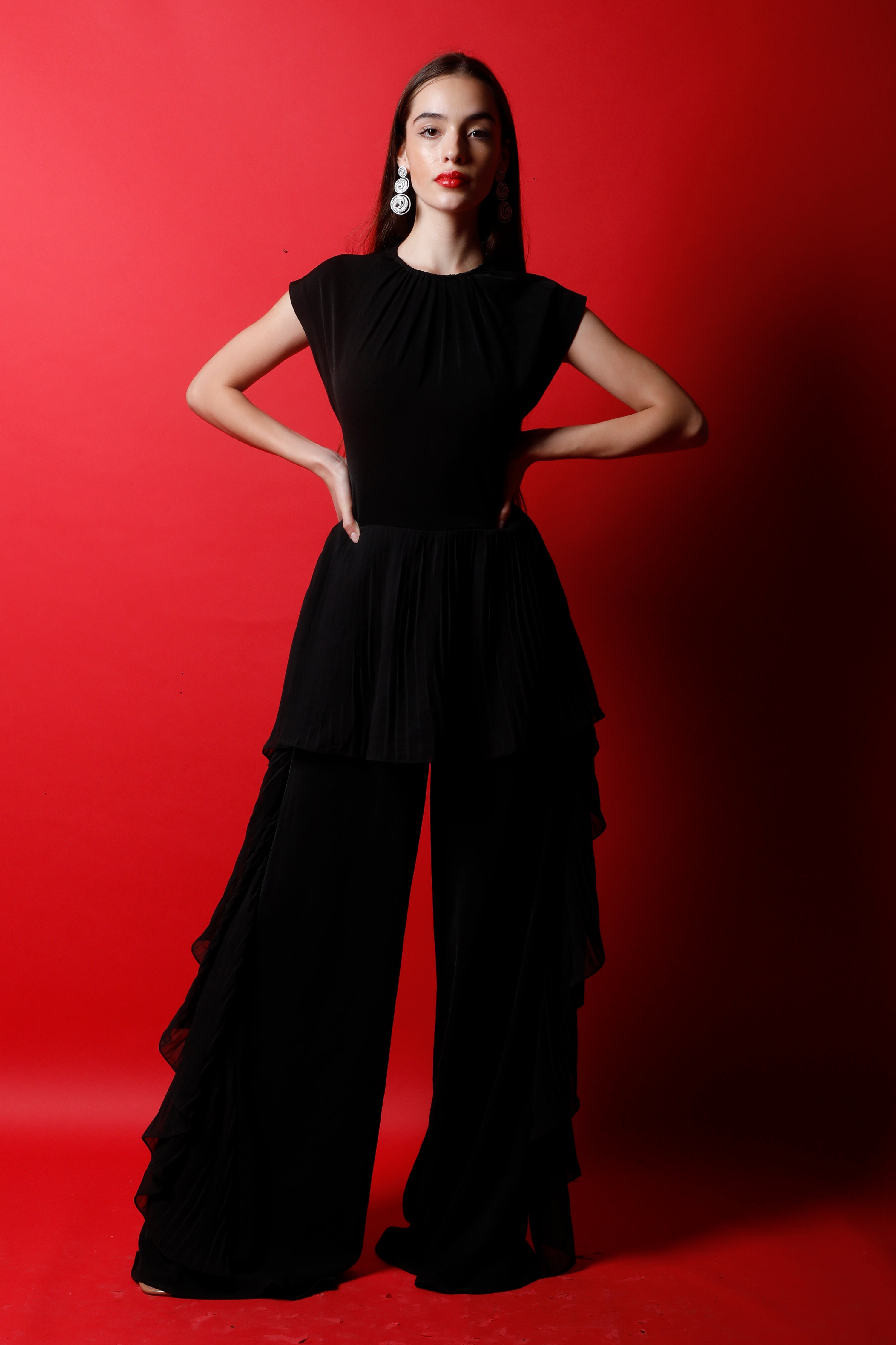 Black Fan Pleated Detail Jumpsuit