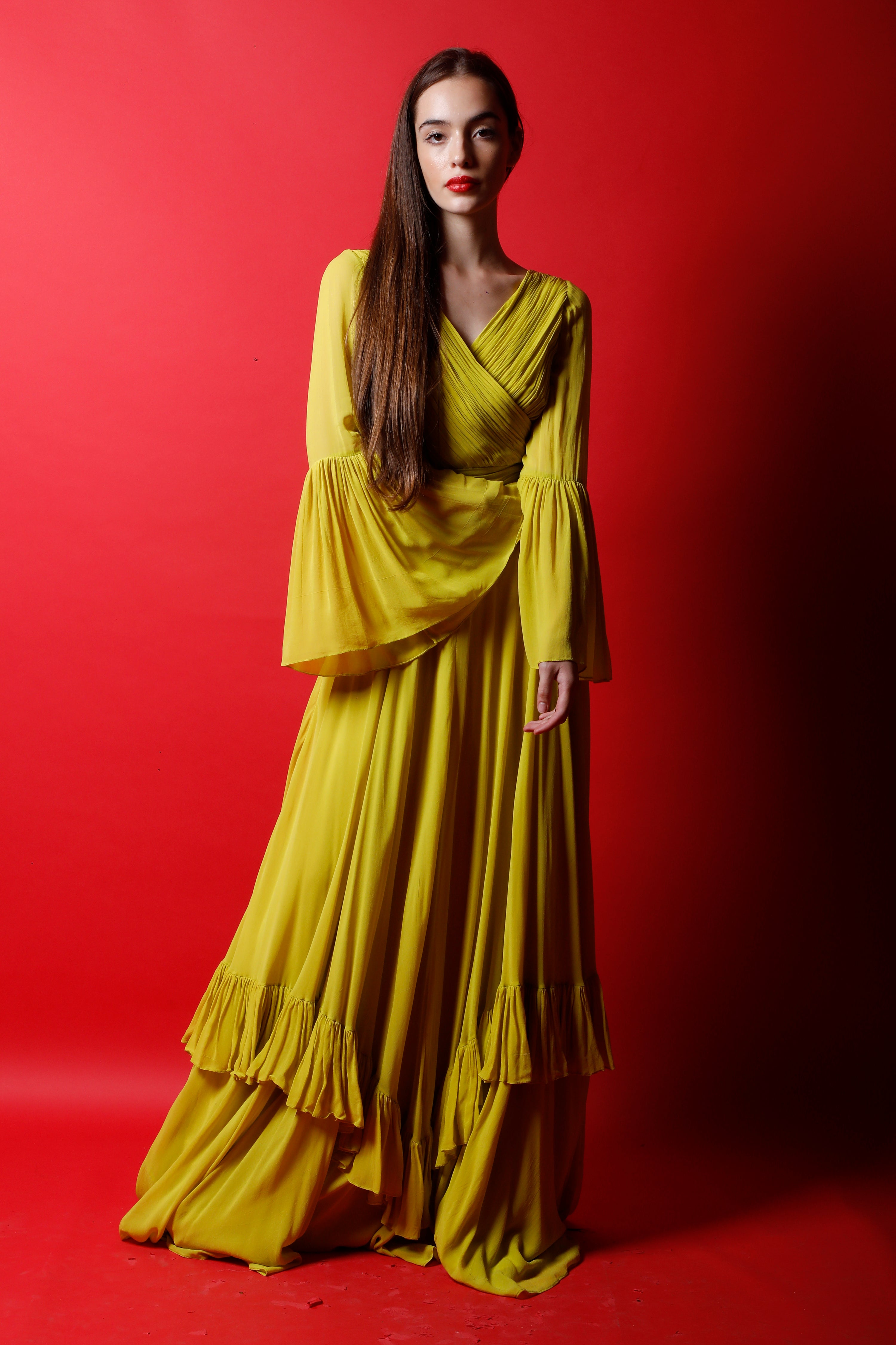 Ruched Overlapping Gown with Ruffle Details