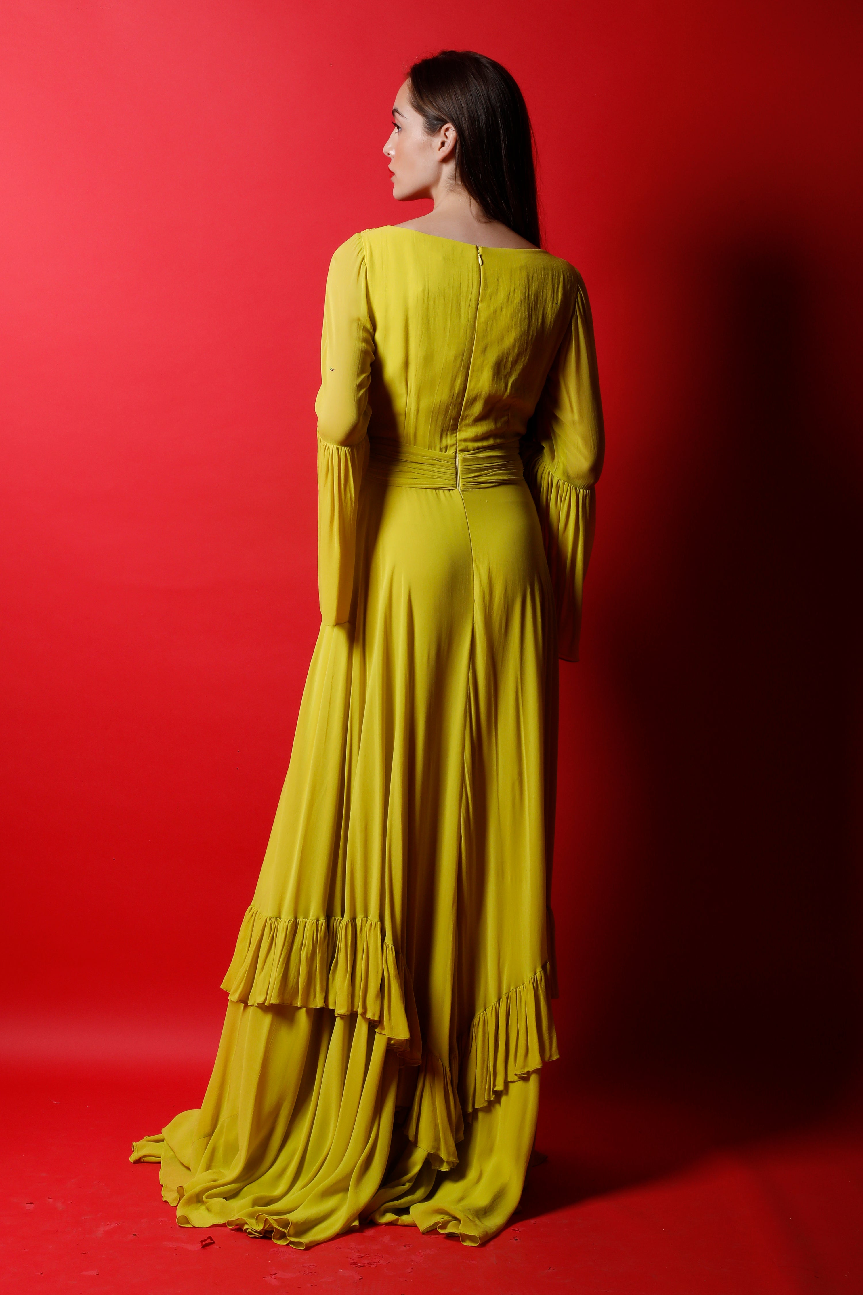 Ruched Overlapping Gown with Ruffle Details