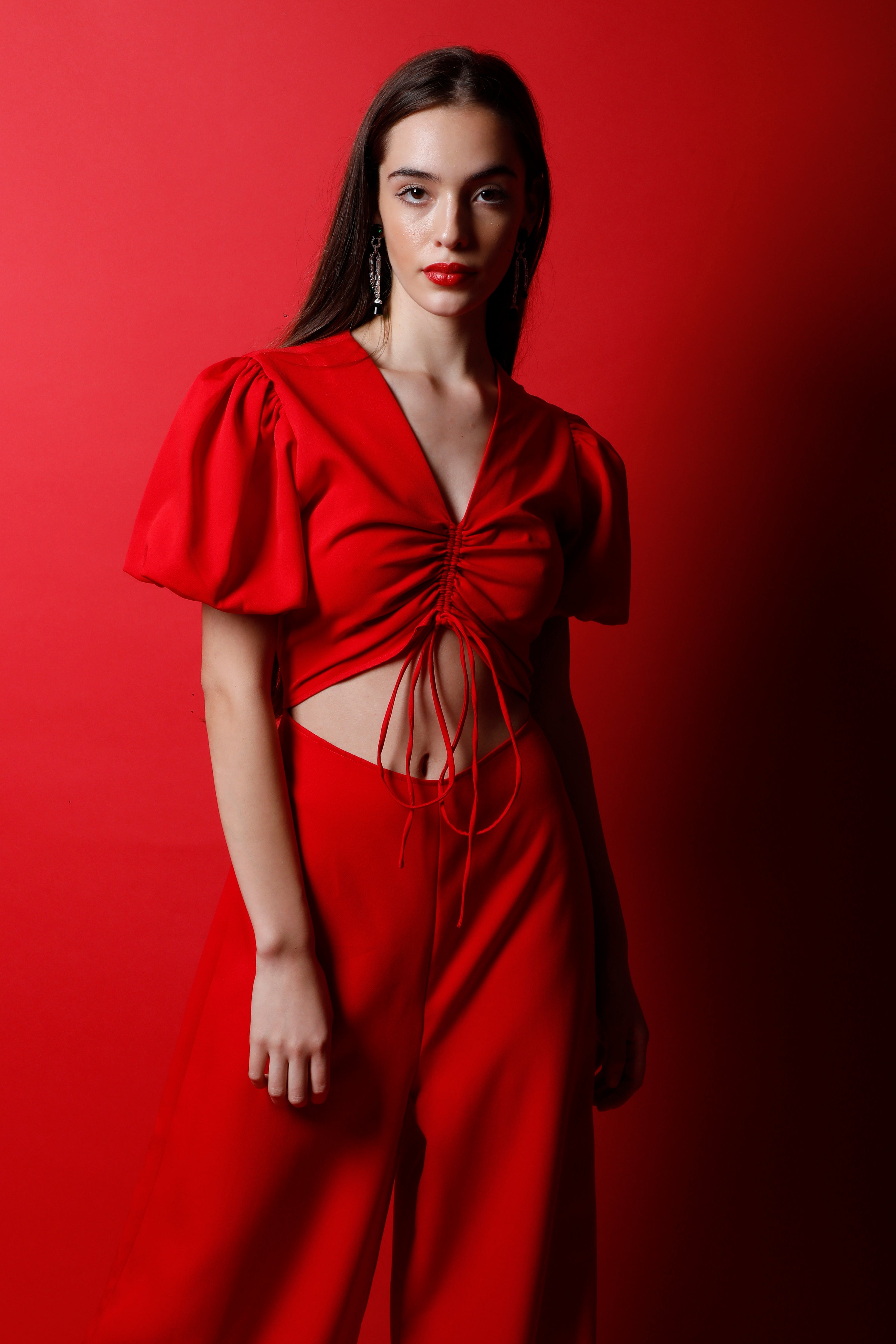 V Gathered Neck Cut Out Jumpsuit