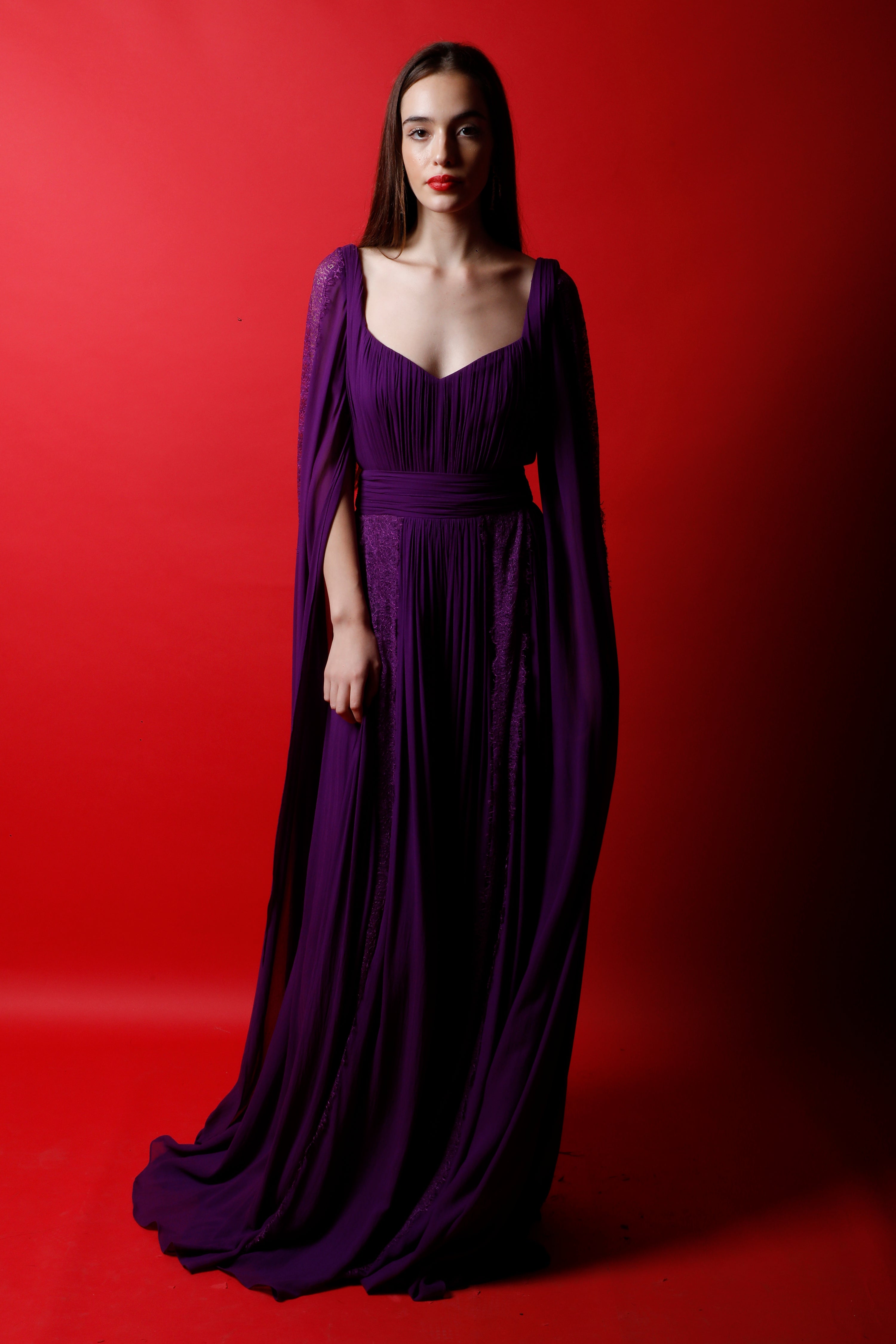Wine Purple Gown with Draped Sleeves & Lace Applique