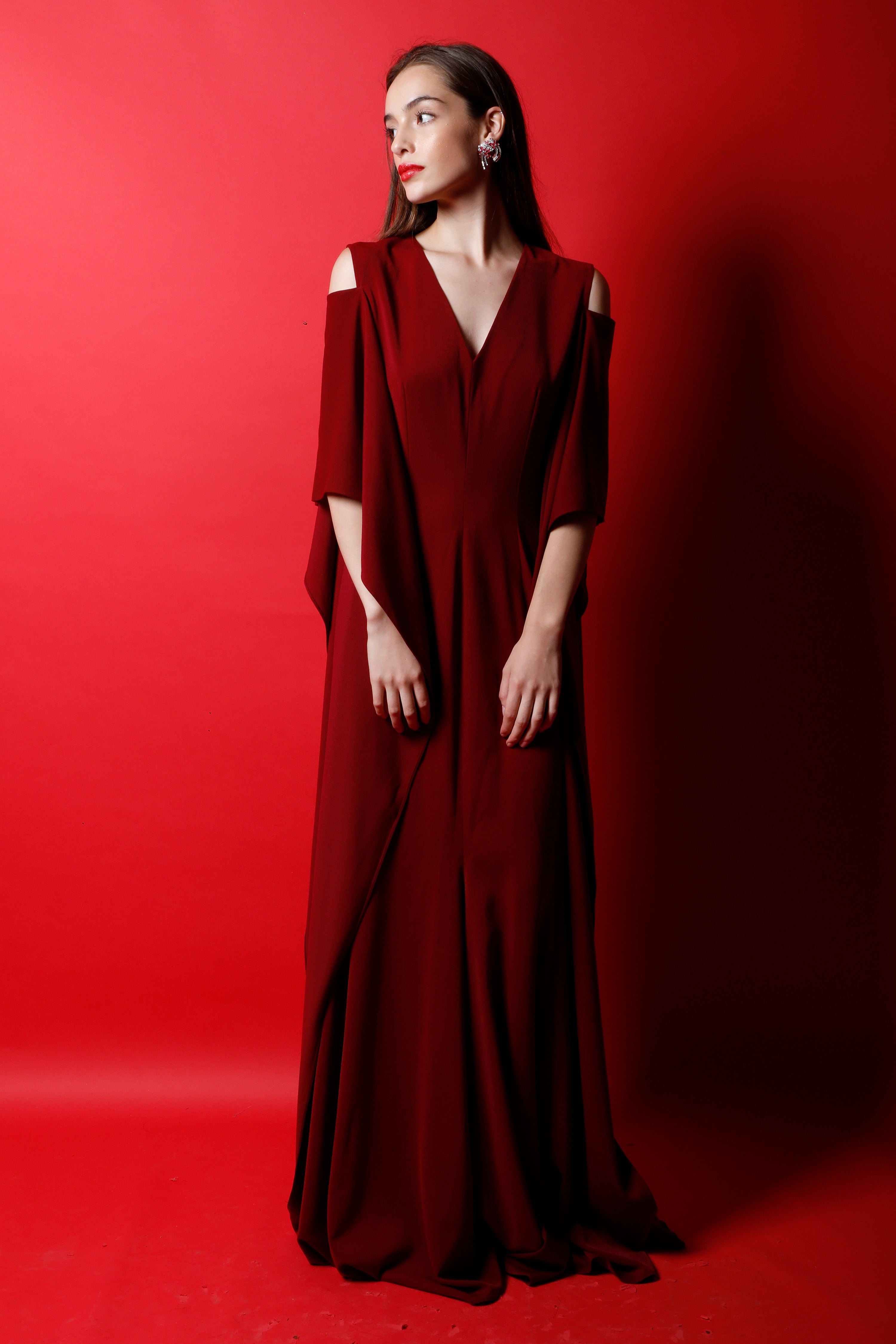 V Neck Straight Gown with Kaftan Sleeves