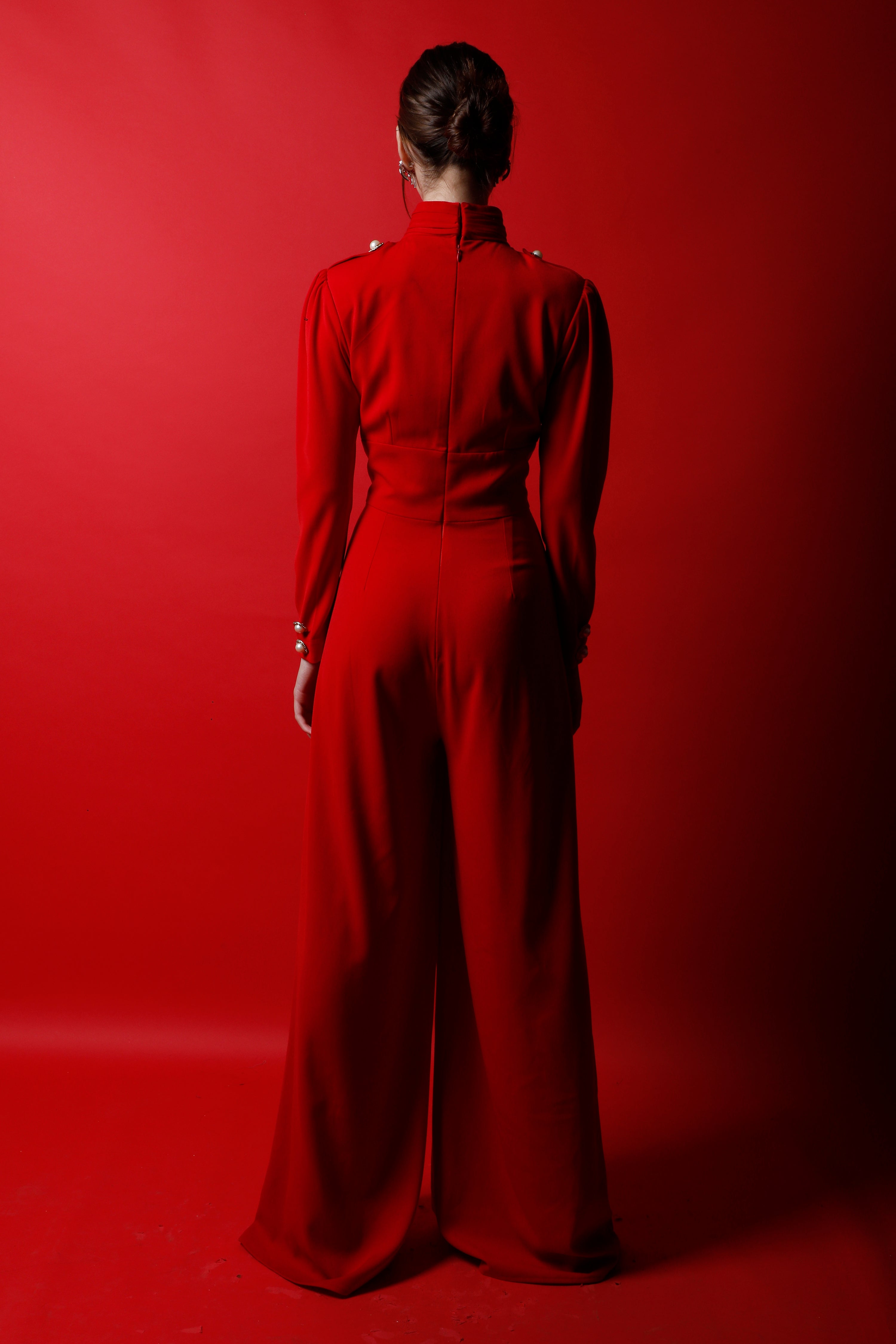 Band Collar Jumpsuit with Pearl Buttons