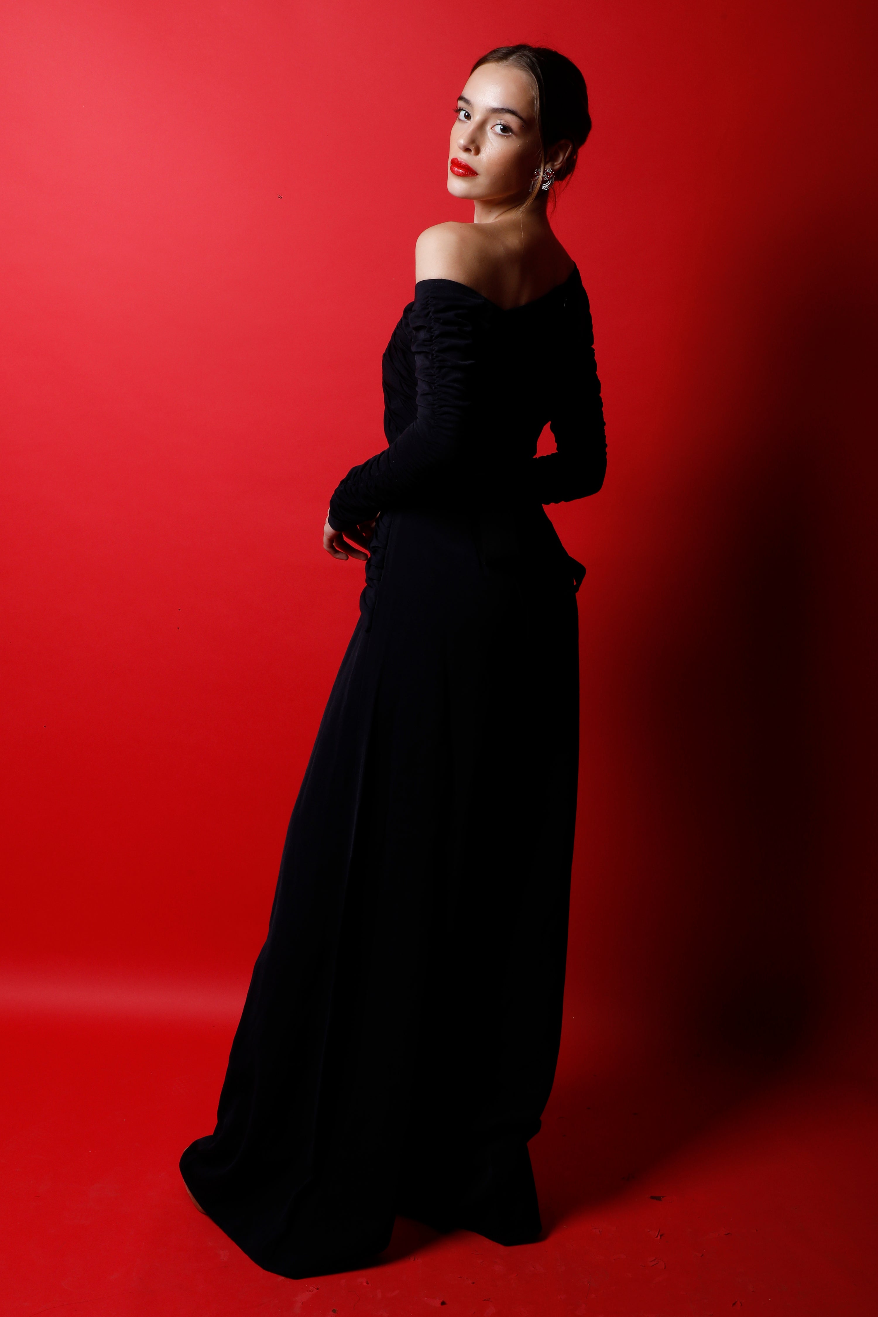 Off Shoulder Ruched Jumpsuit with Textured Sleeves