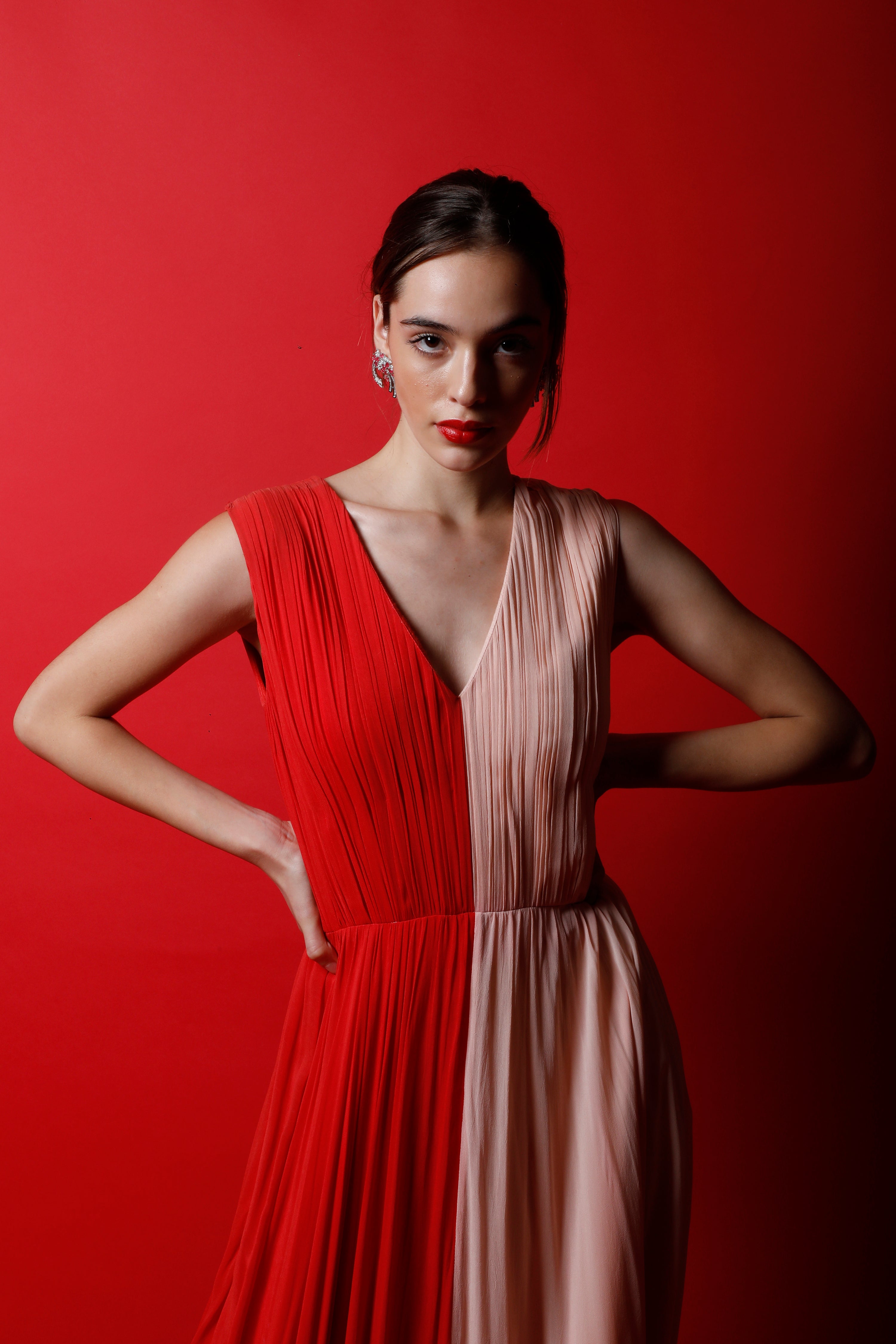 V Neck Ruched Color Block Gown