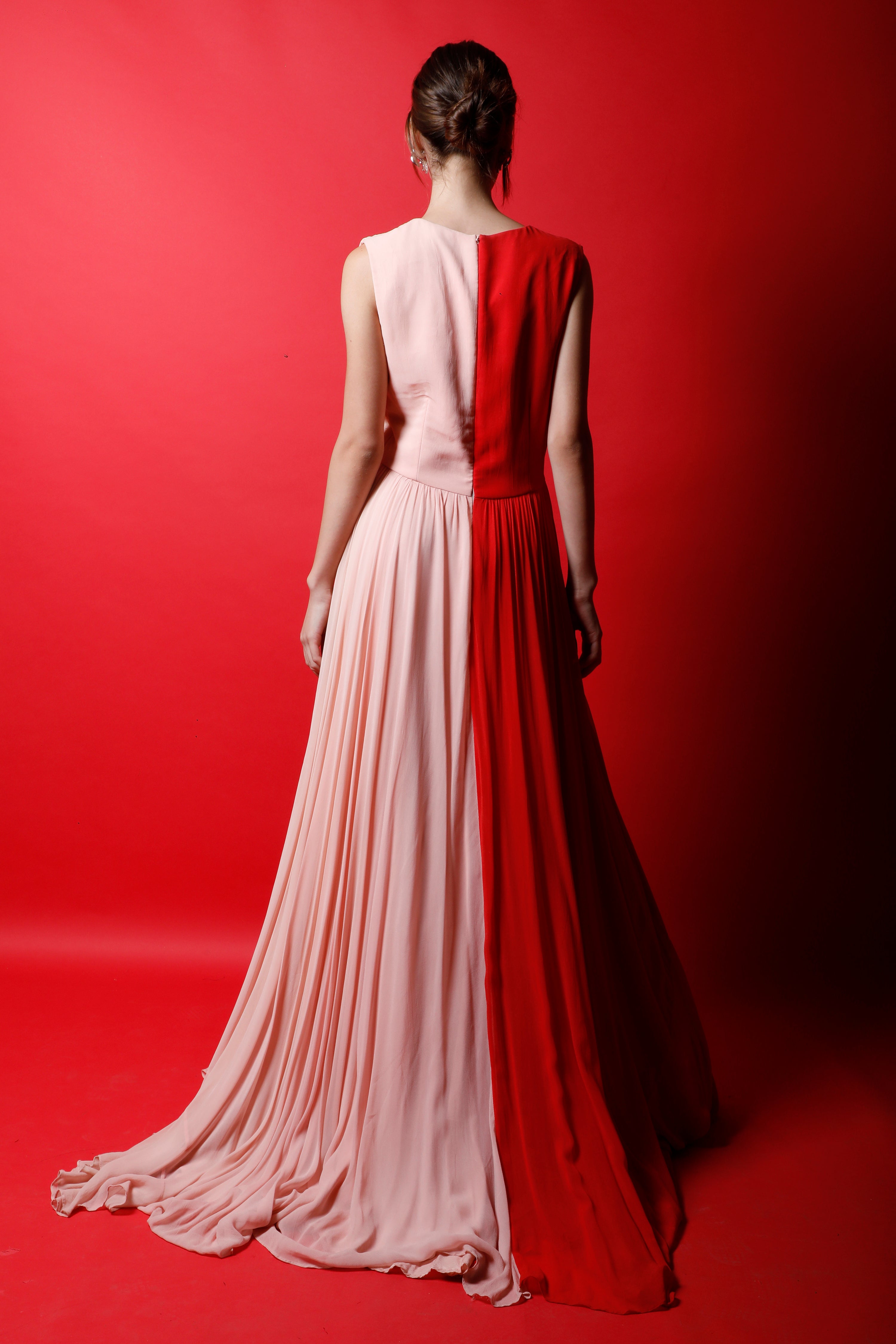 V Neck Ruched Color Block Gown