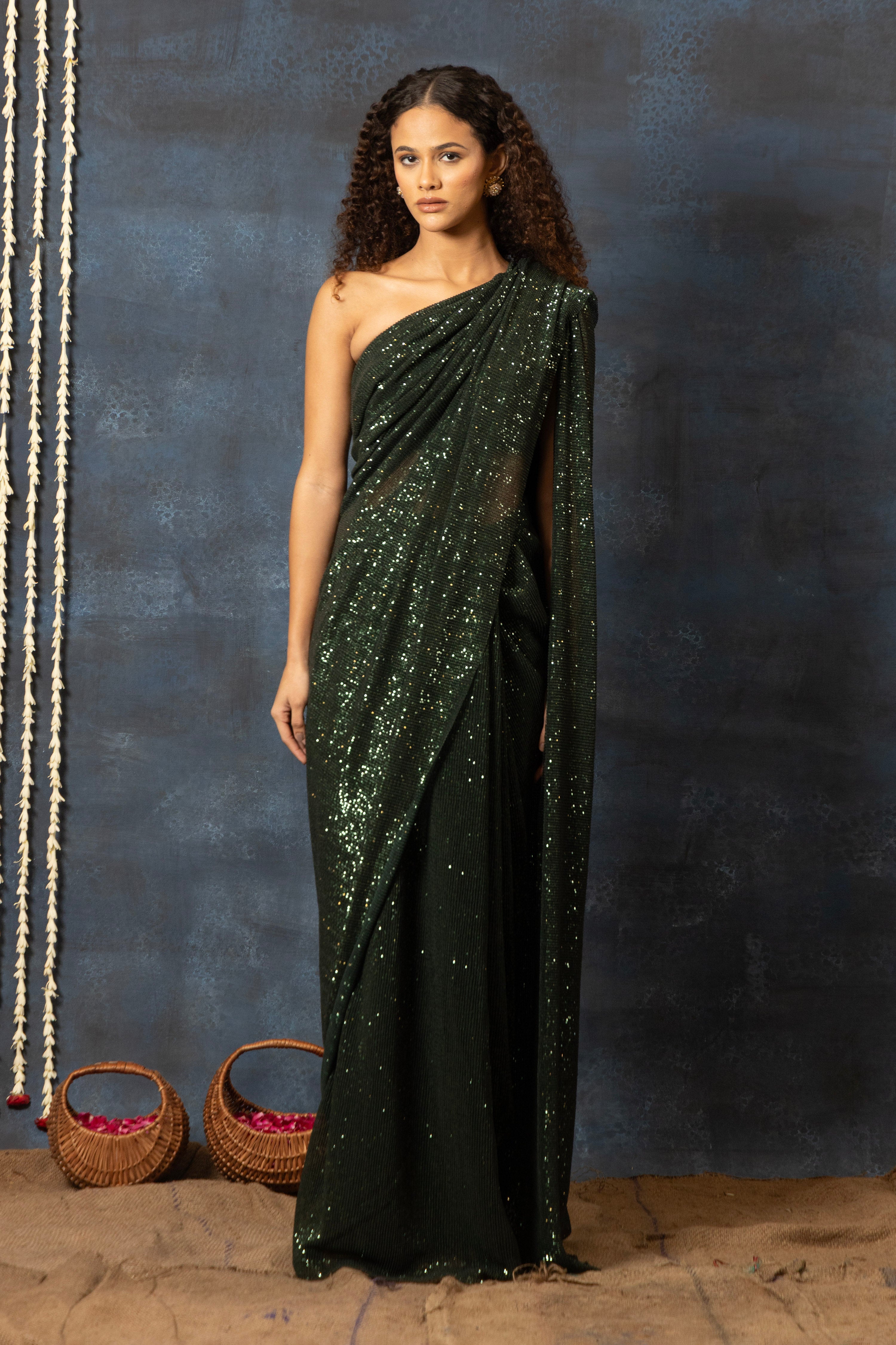Sequins Saree With One Shoulder Drape Sleeve Blouse