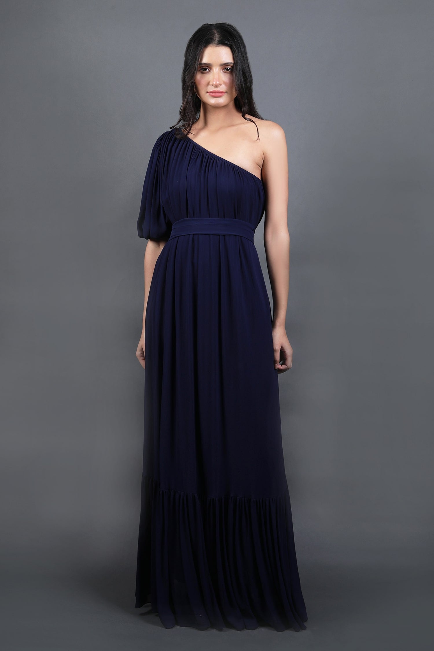 One Shoulder Pleated Hem Maxi