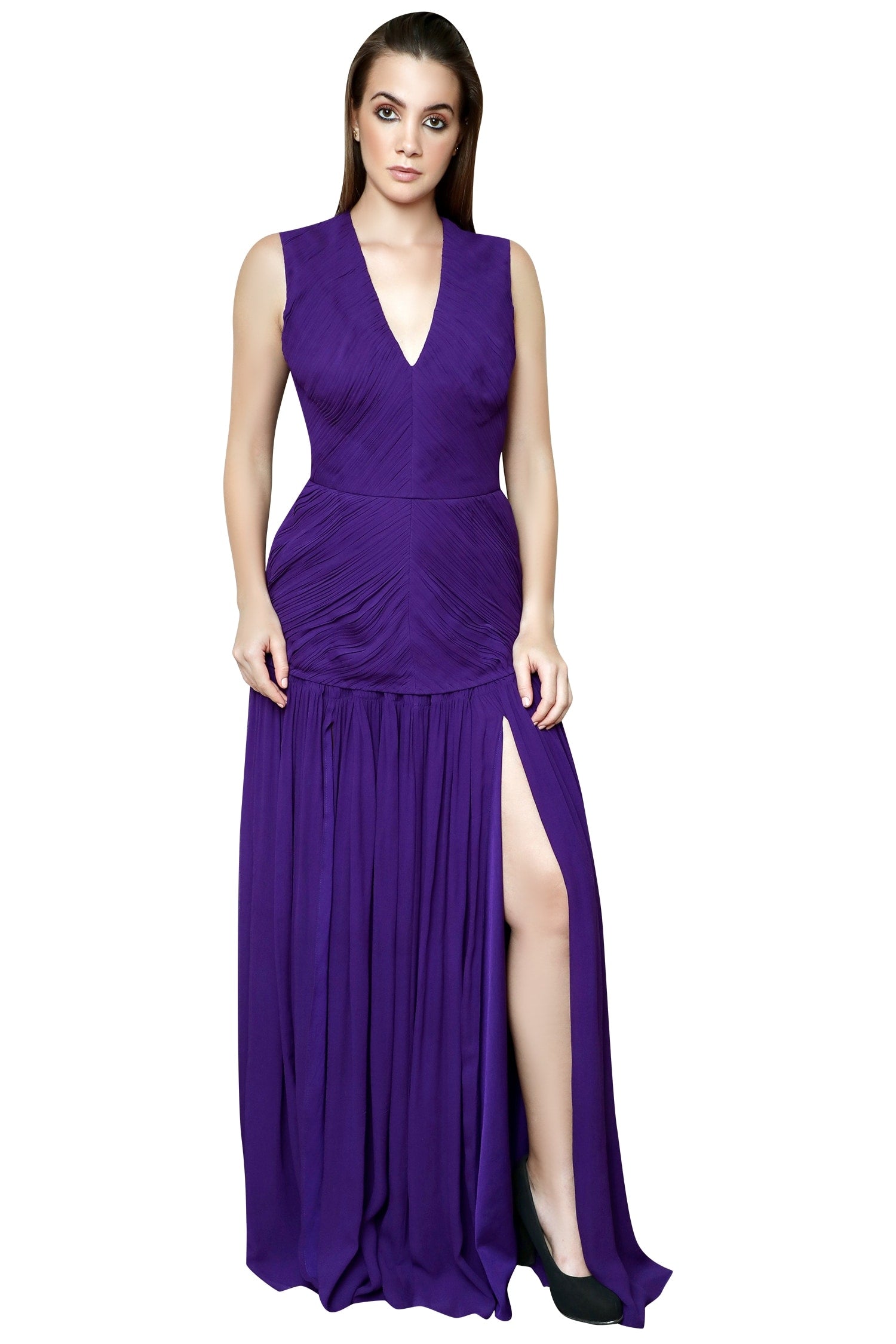 V Neck Inverted Ruching Gown