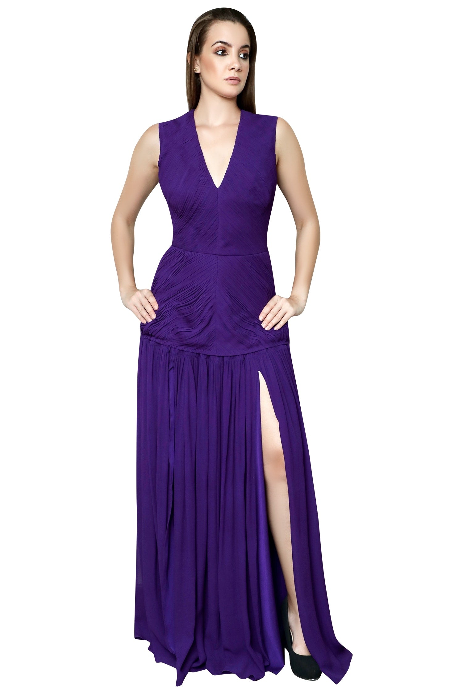 V Neck Inverted Ruching Gown