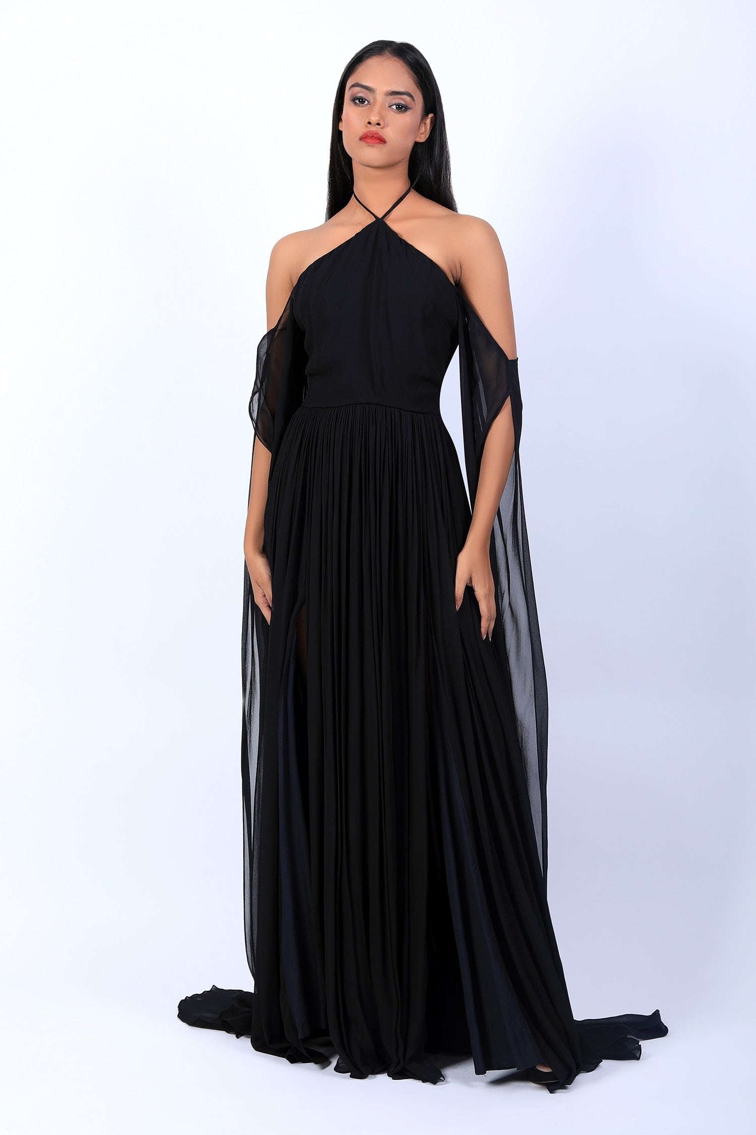 Halter Neck With Cold Shoulder Draped Gown