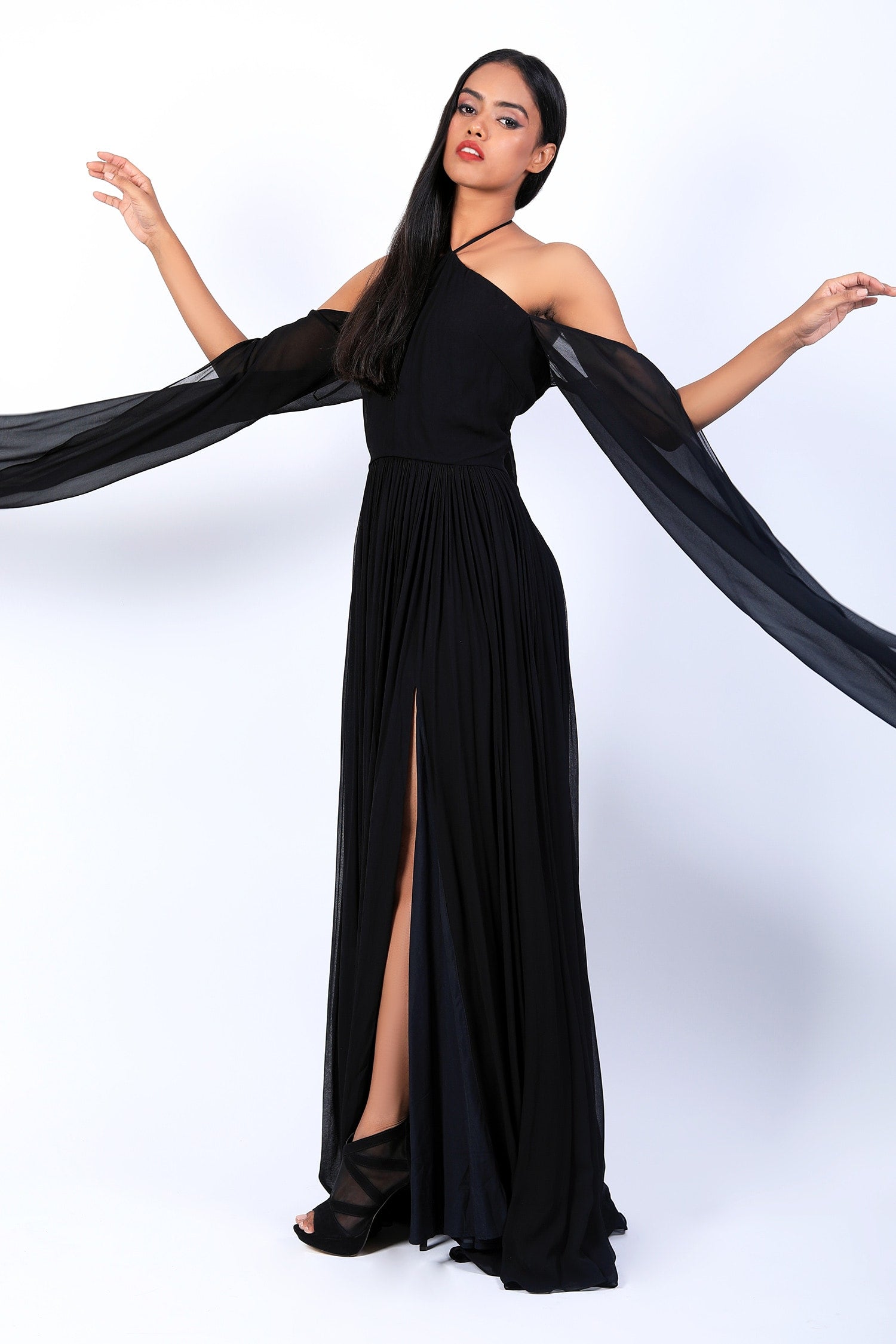 Halter Neck With Cold Shoulder Draped Gown