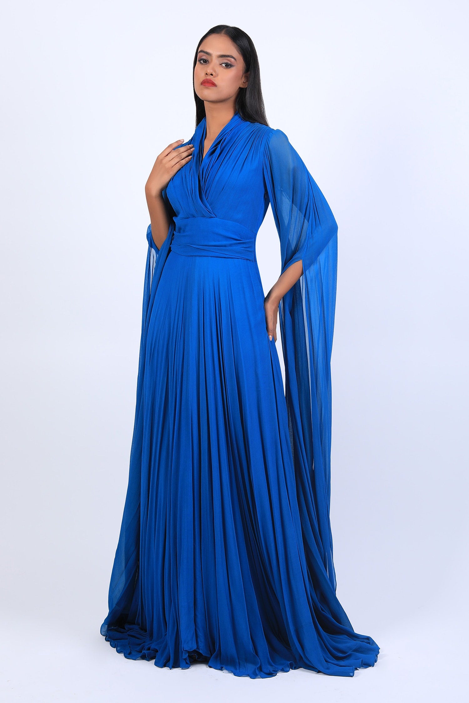 V Fold Neckline Gown With Sleeves Drape
