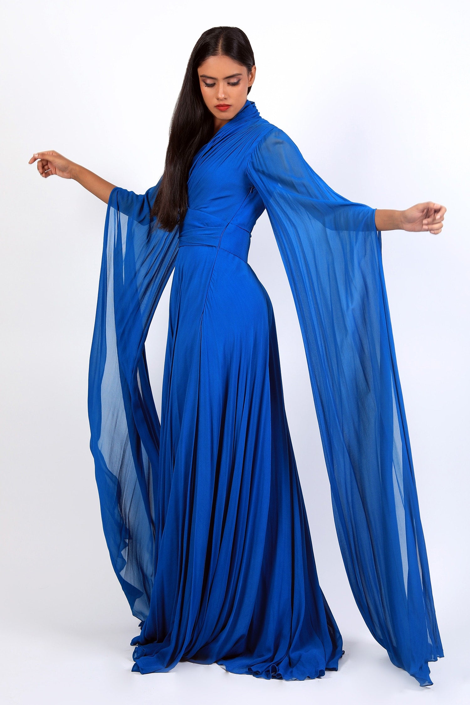 V Fold Neckline Gown With Sleeves Drape