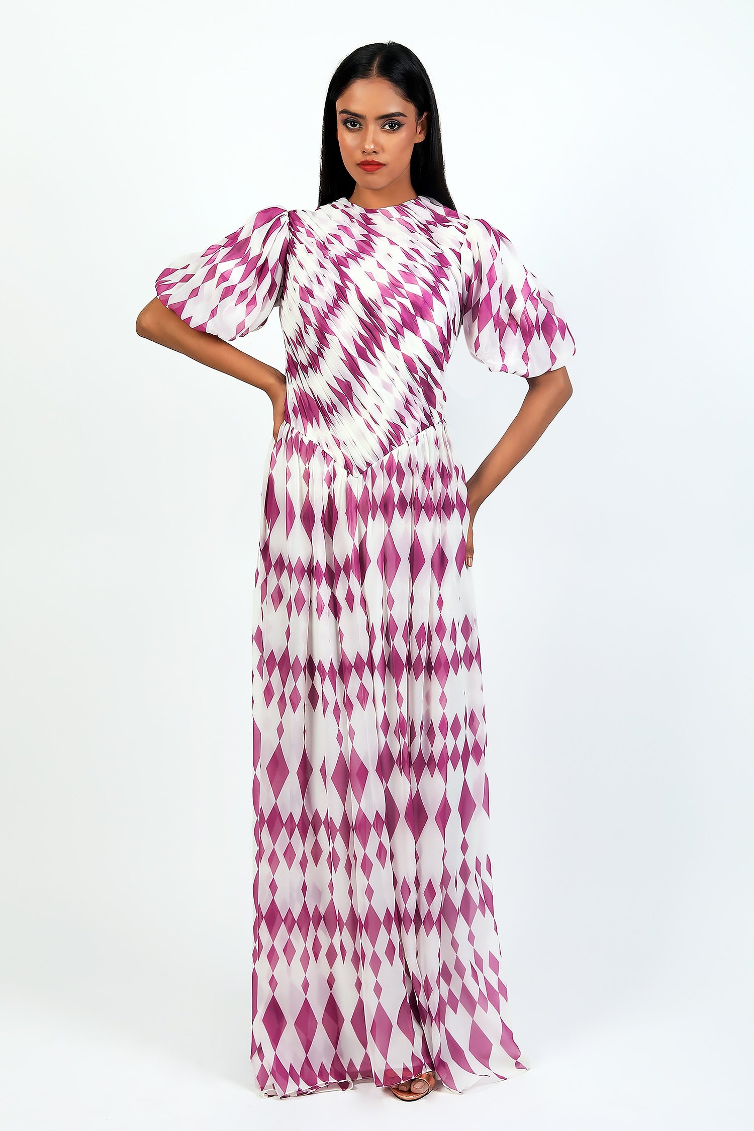 Draped Gown With V Waistline And Balloon Sleeves