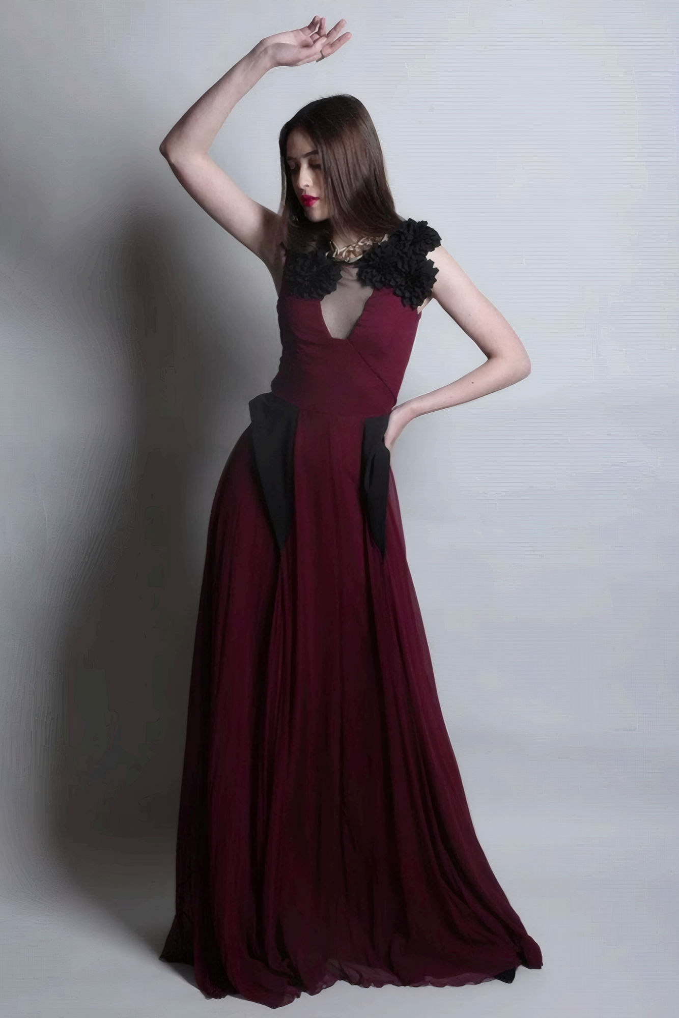 Block Neck Gown With Flowers