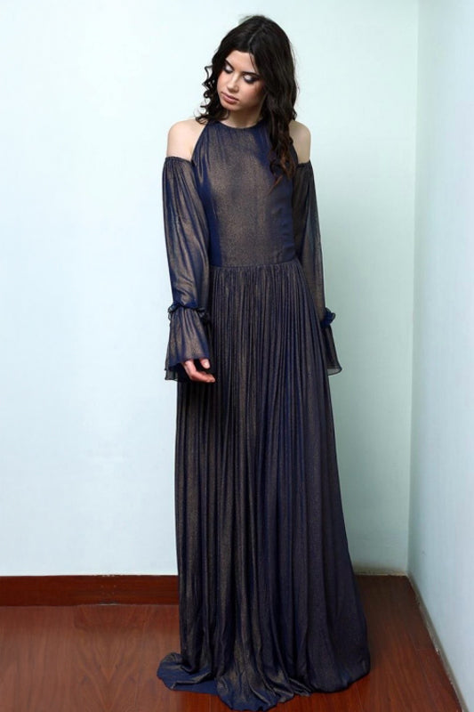 Gown With Slit & Cold Shoulder Sleeves