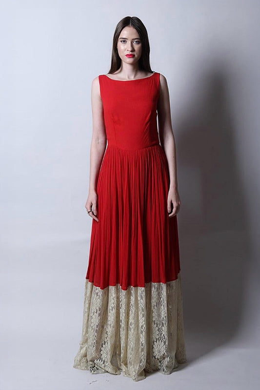 Bateau Neck Gown With Metallic Lace