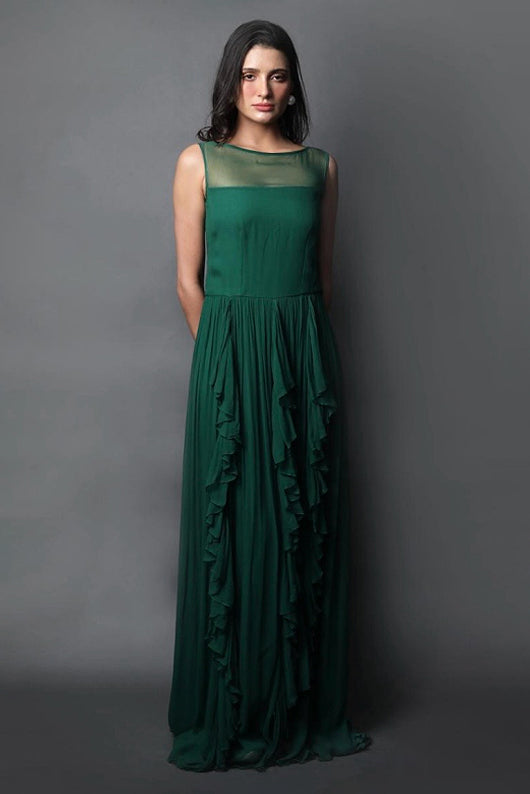 Sheer Neck Gathered Gown With Ruffles