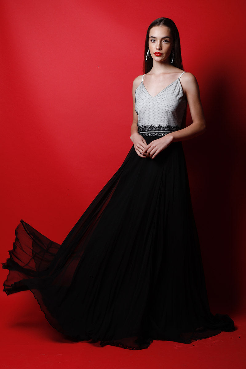 Strappy Polka Lace Color Block Gown