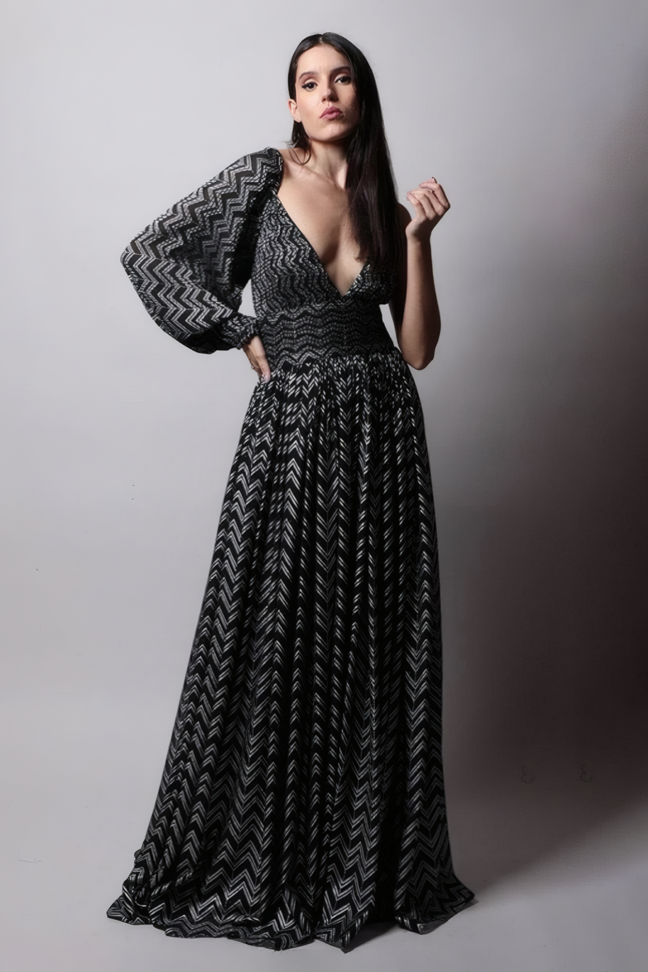 Strappy Low Neck Gown With Pouf Sleeve