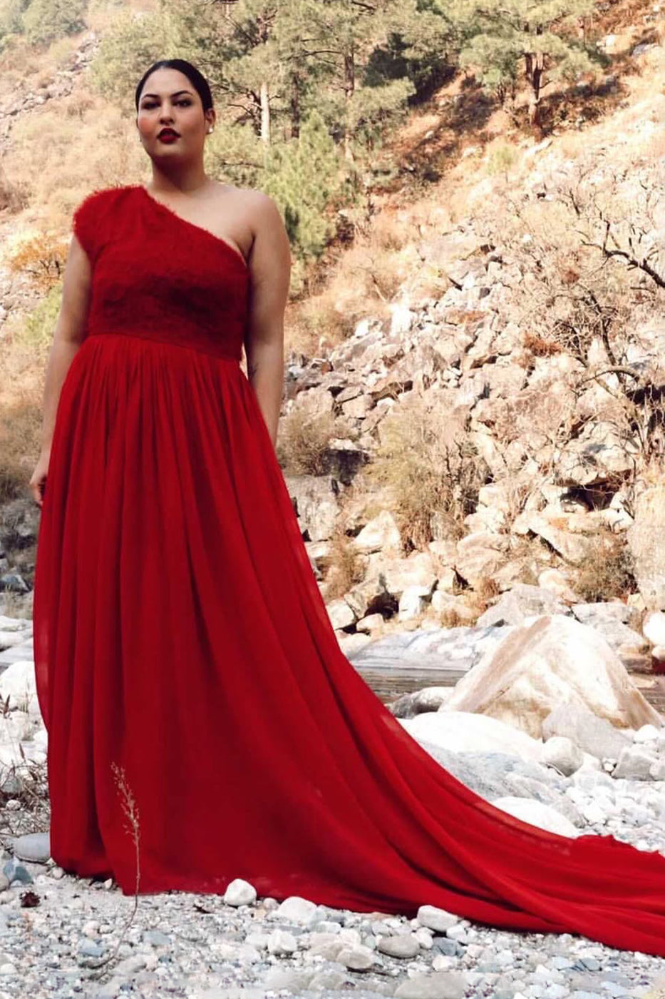 One Shoulder Gown With Fur