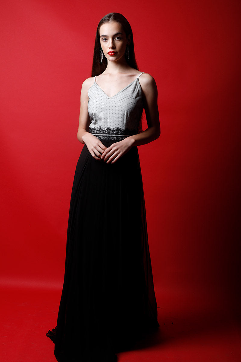 Strappy Polka Lace Color Block Gown