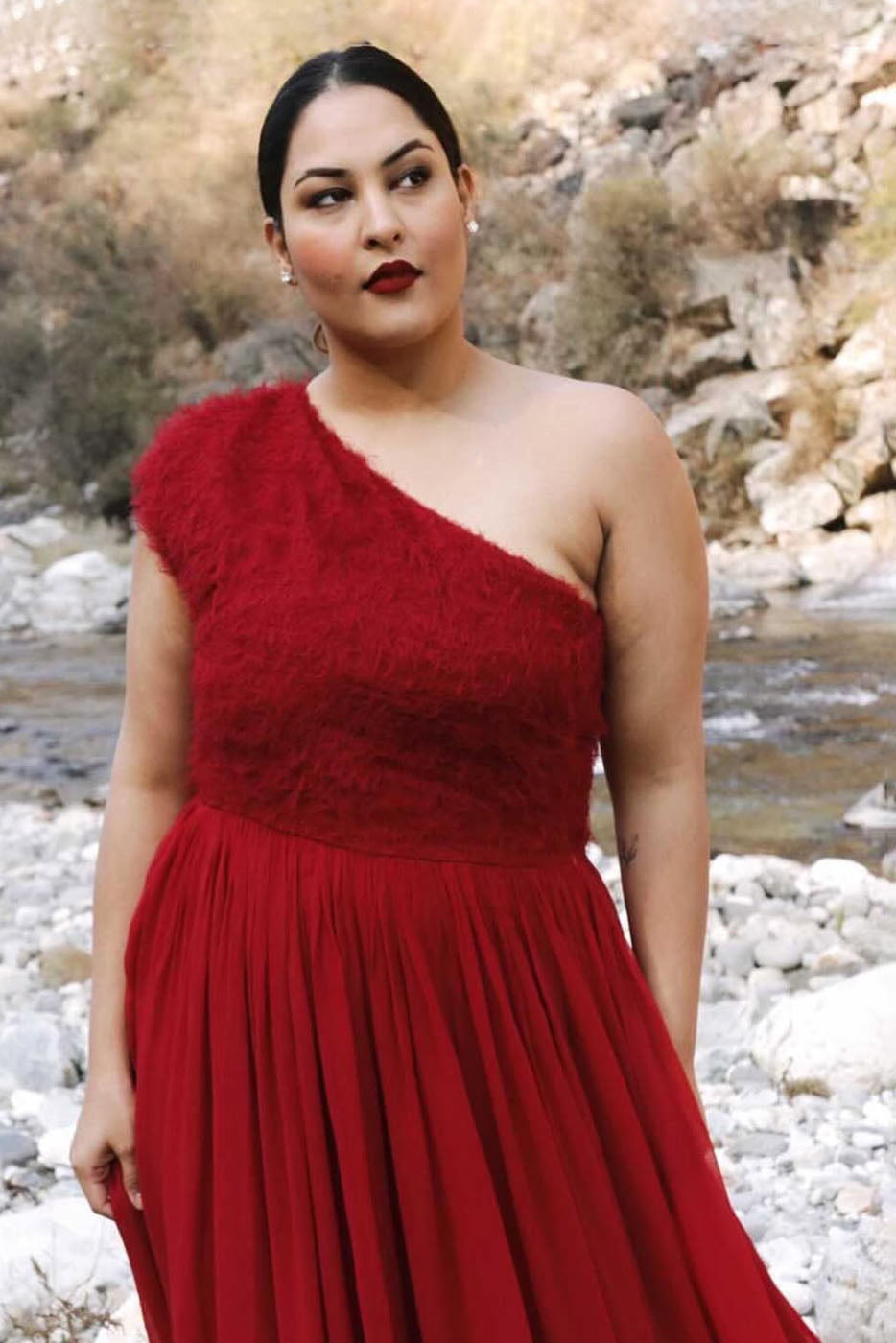 One Shoulder Gown With Fur