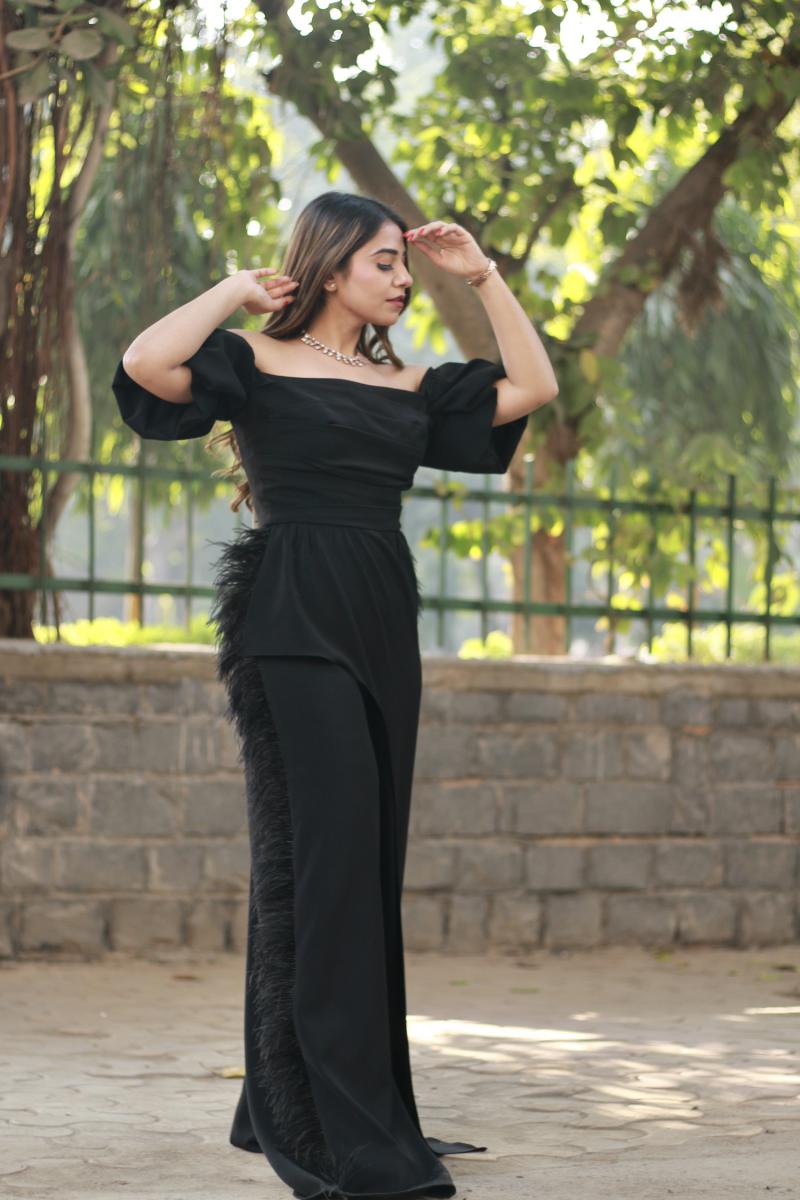 Off Shoulder Jumpsuit with Feathers
