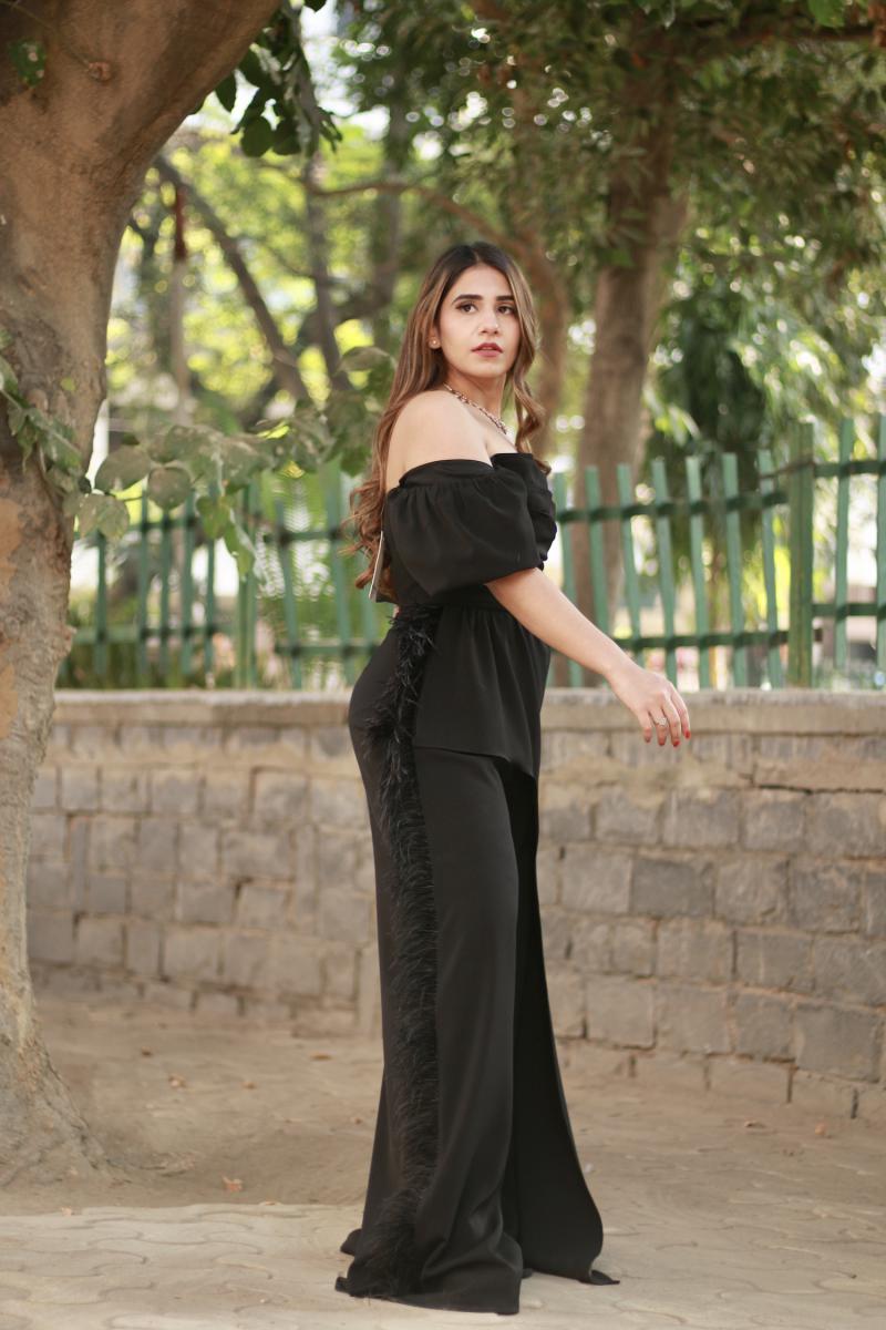 Off Shoulder Jumpsuit with Feathers