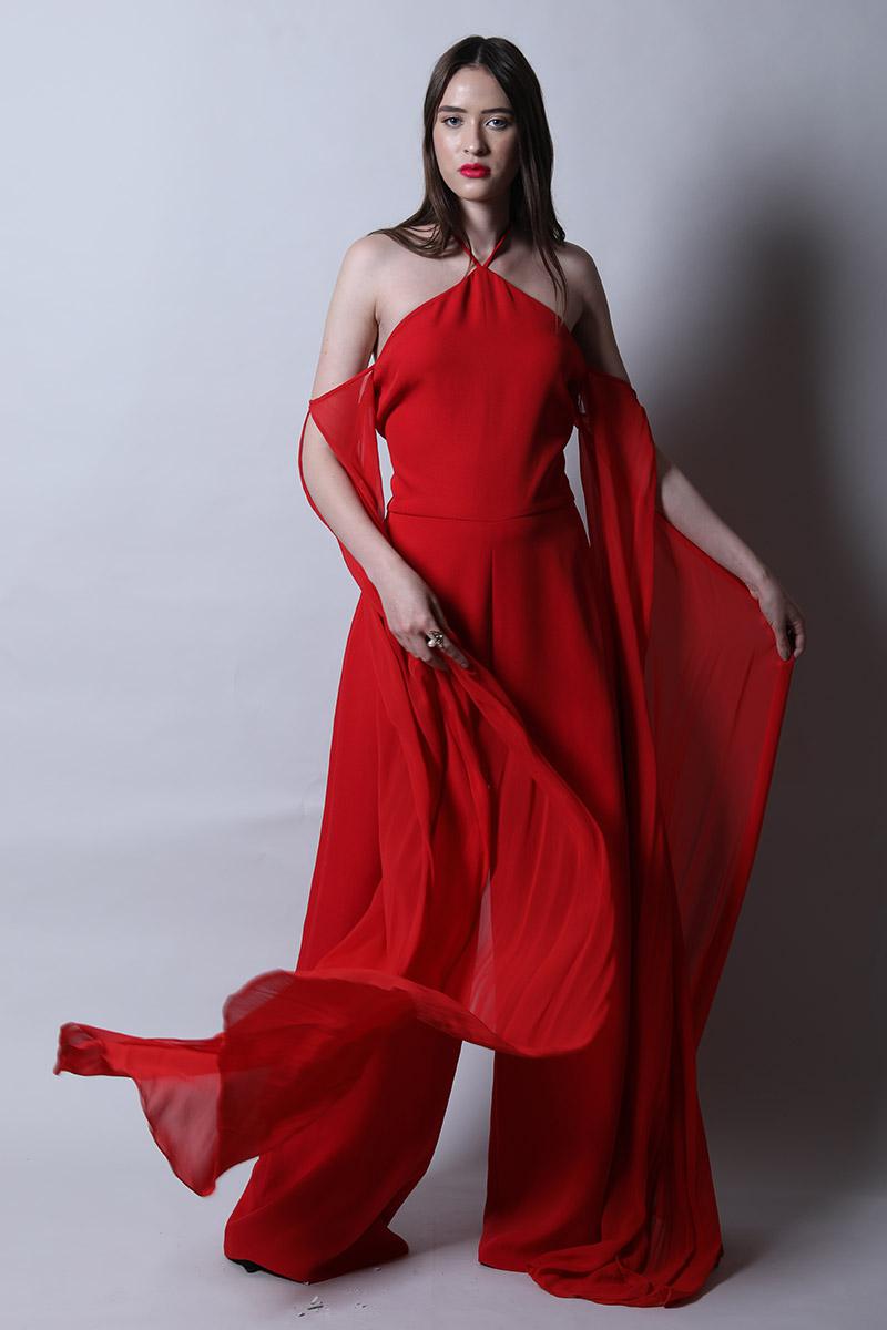 Halter Tie Up Jumpsuit with Draped Sleeves