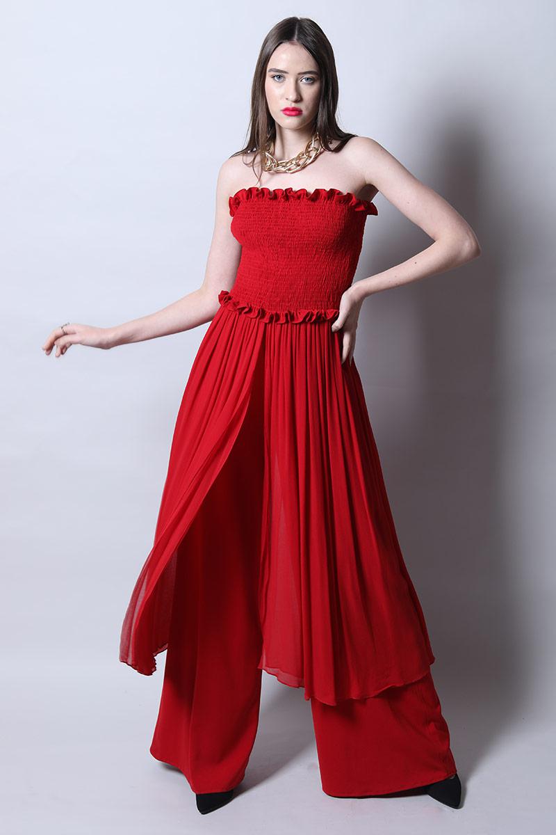 Smocked body jumpsuit with drapes