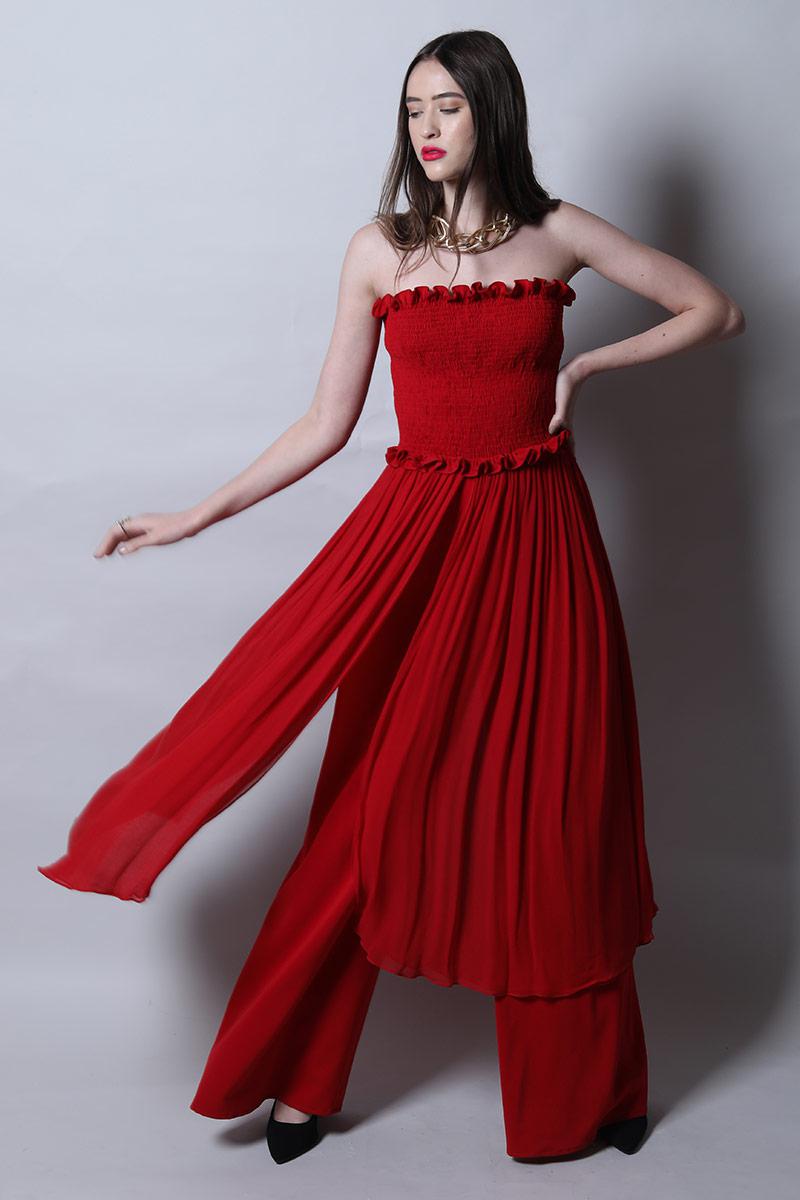 Smocked body jumpsuit with drapes