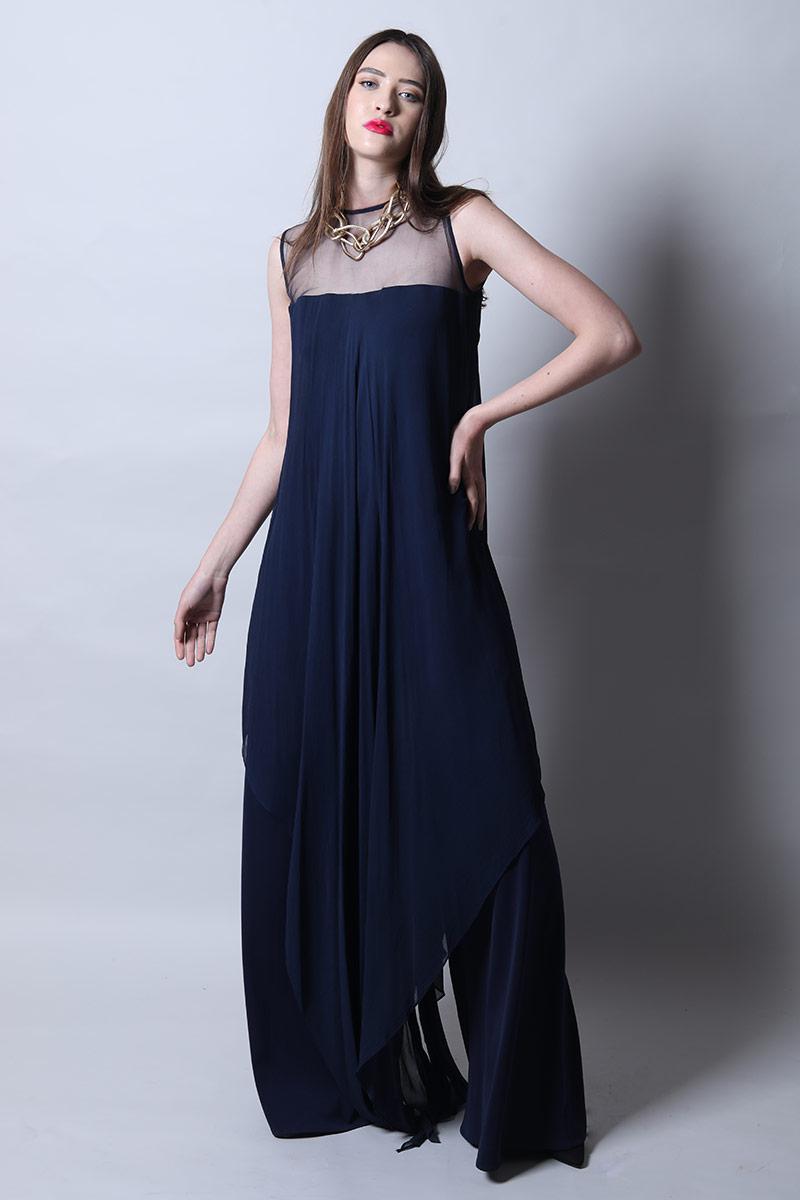 Sheer Neck Jumpsuit With Asymmetric Drape