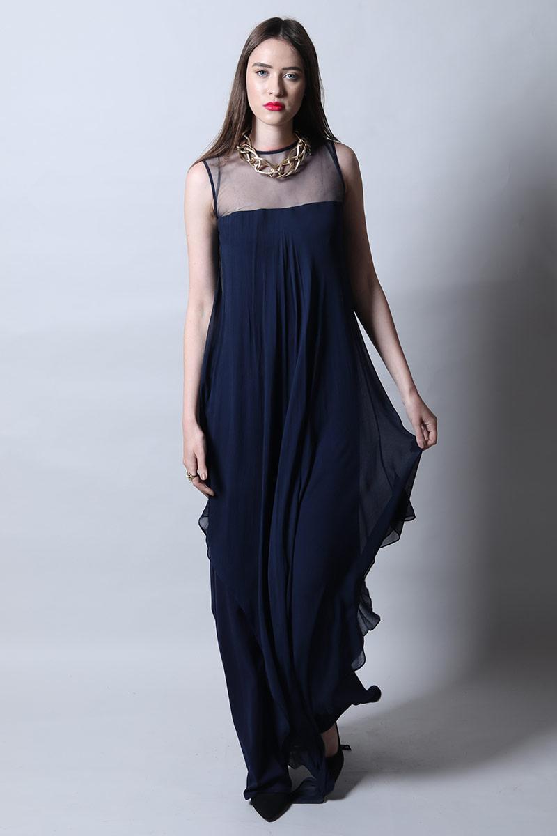 Sheer Neck Jumpsuit With Asymmetric Drape