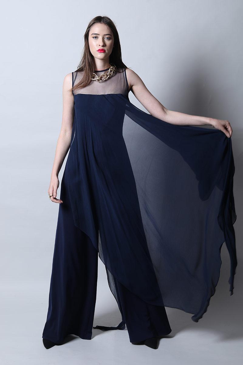 Sheer Neck Jumpsuit With Asymmetric Drape
