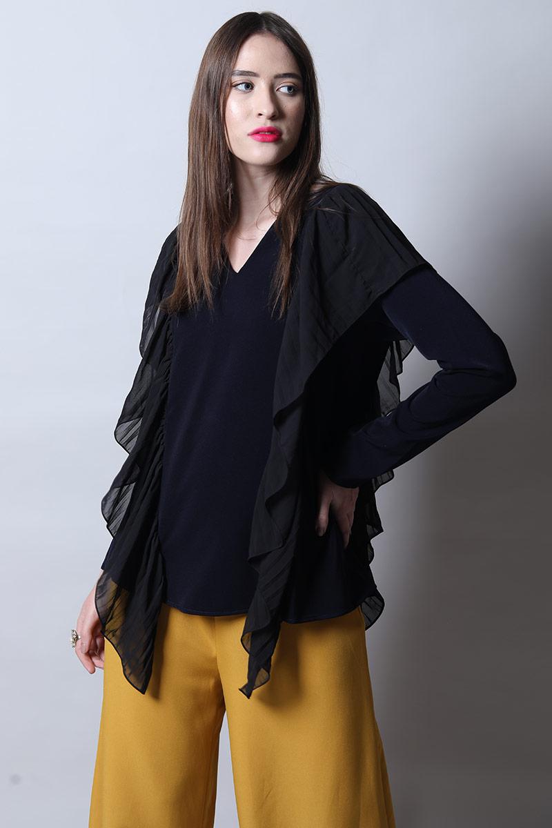 V Neck Full Sleeves Top With Ruffles