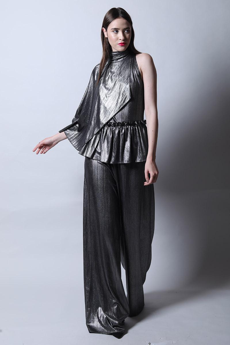 Band Collar Jumpsuit With Cape & Peplum