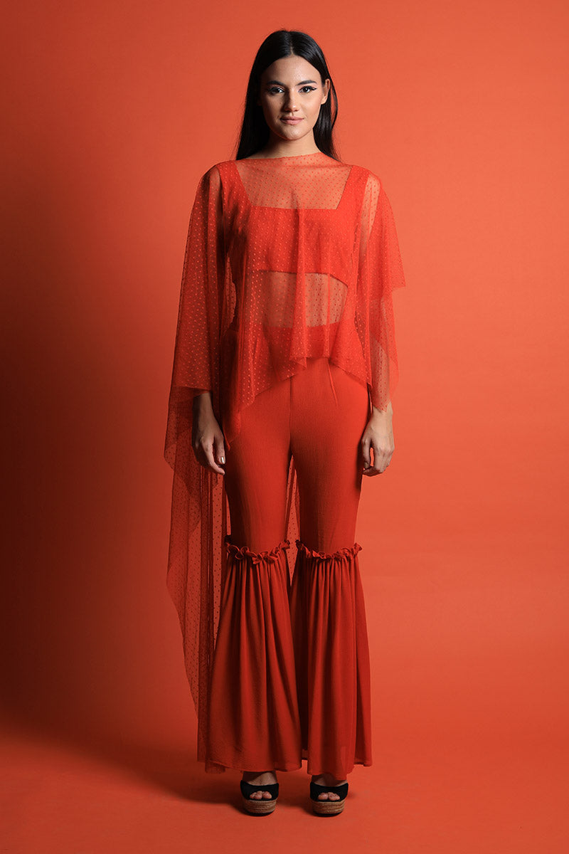 Crop Top Fit & Flared Frill Pants & Polka Dot Lace Cape Set