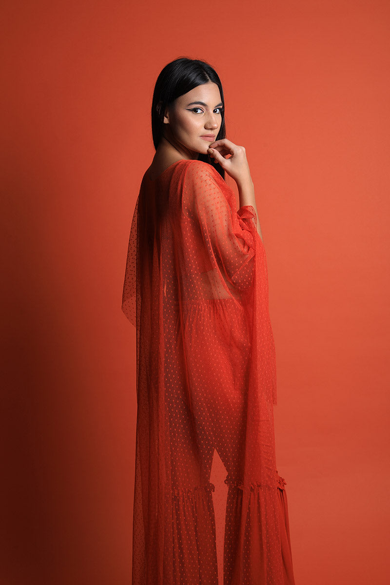Crop Top Fit & Flared Frill Pants & Polka Dot Lace Cape Set