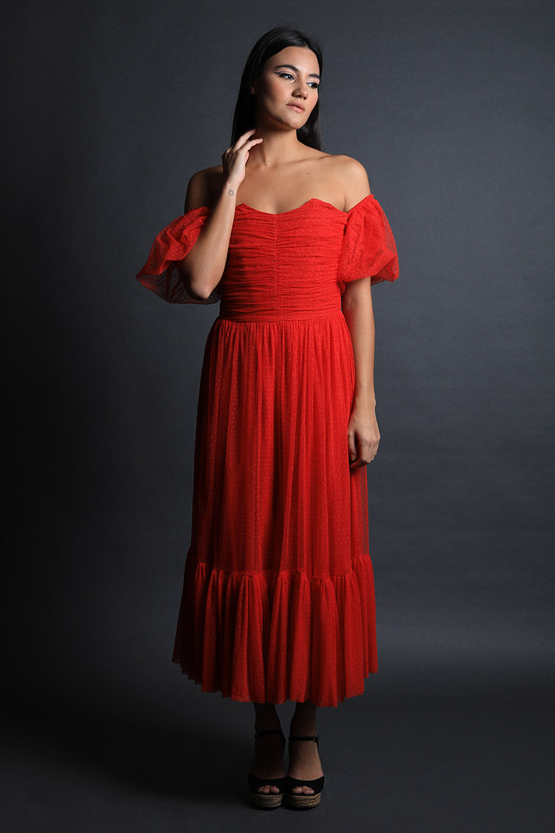 Corseted Polka Lace Dress with off Shoulder Puff Sleeves